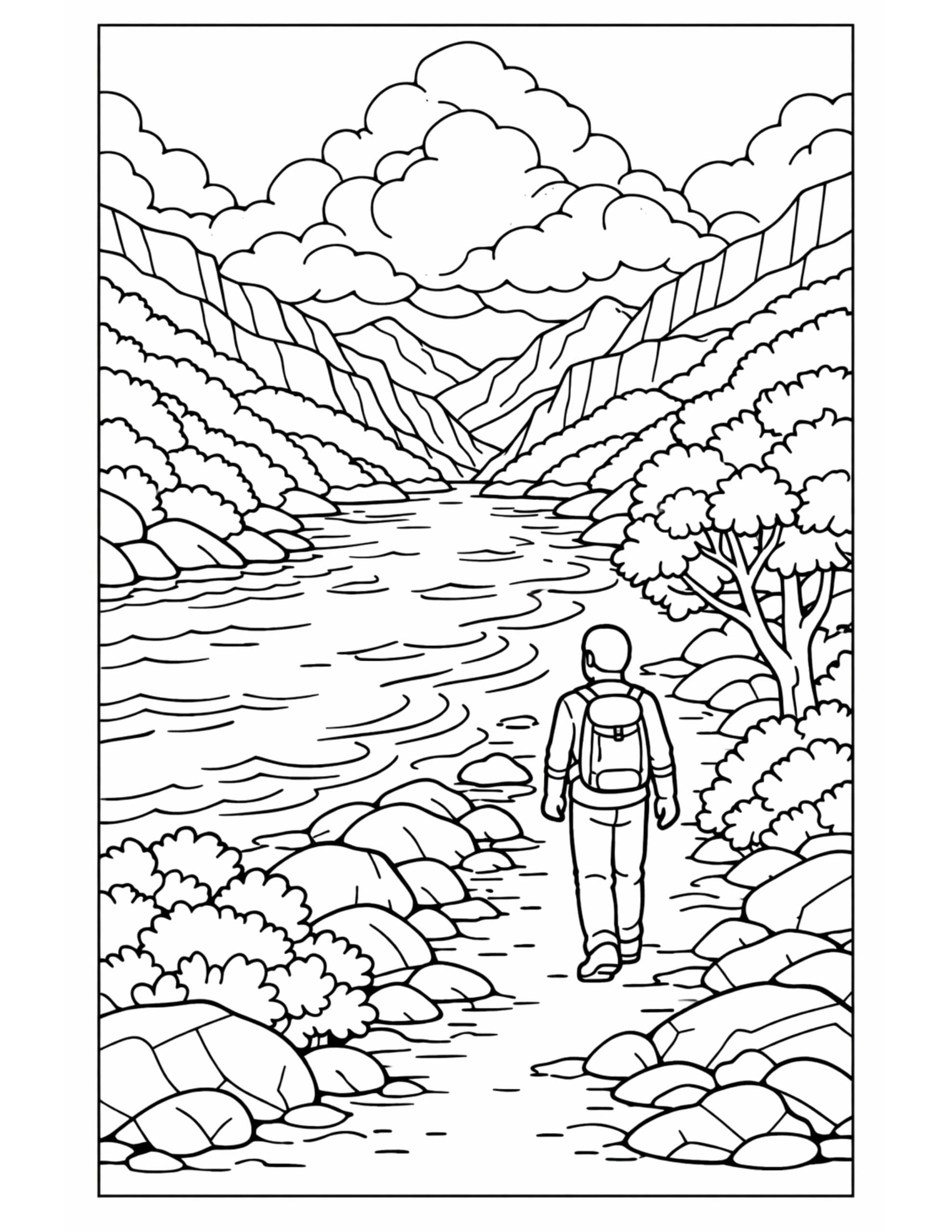 hiker walking beside mountain river coloring page, backpacker on a rocky riverside trail in a mountain valley, coloring page