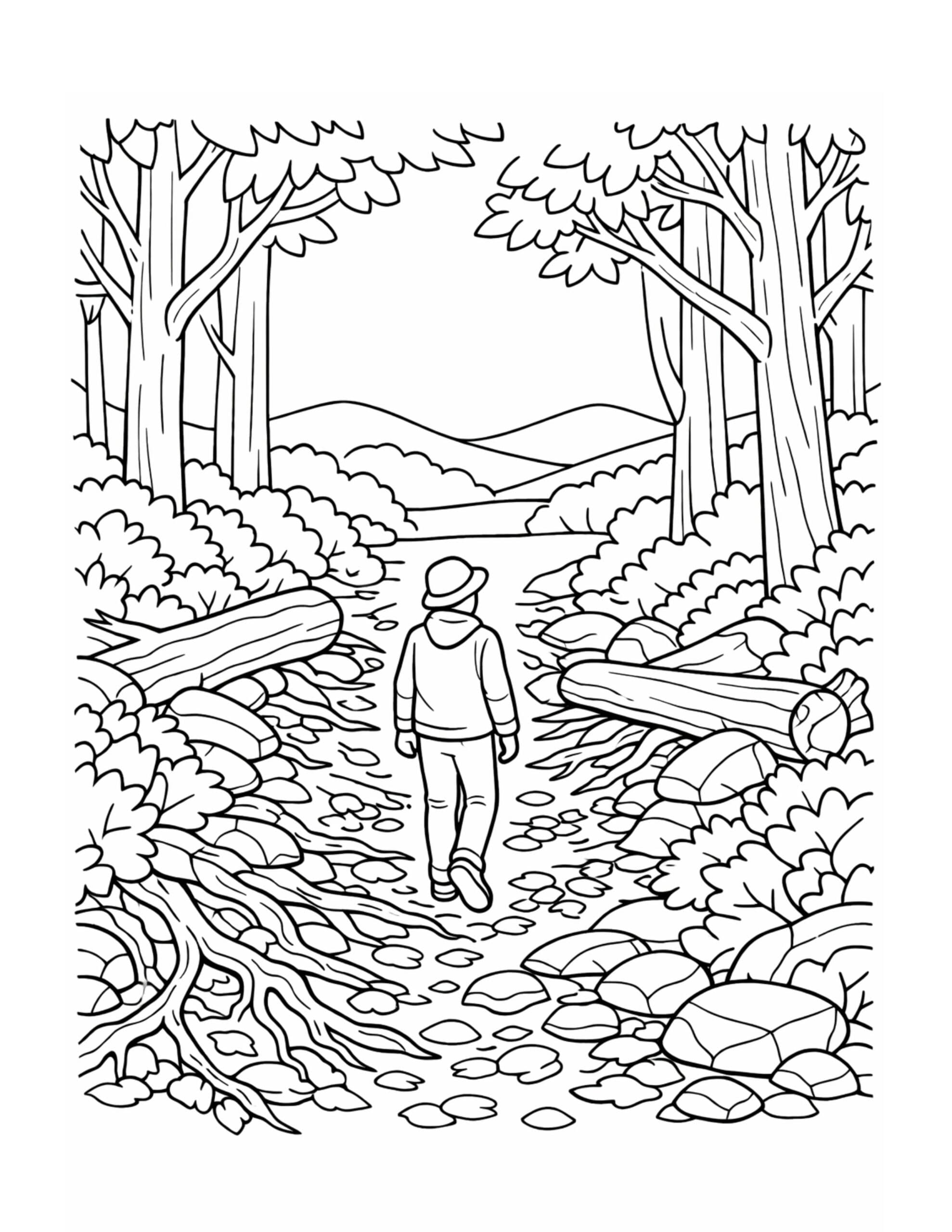 hiker walking rocky forest path coloring page, person walking through tall trees with logs and stones, coloring page