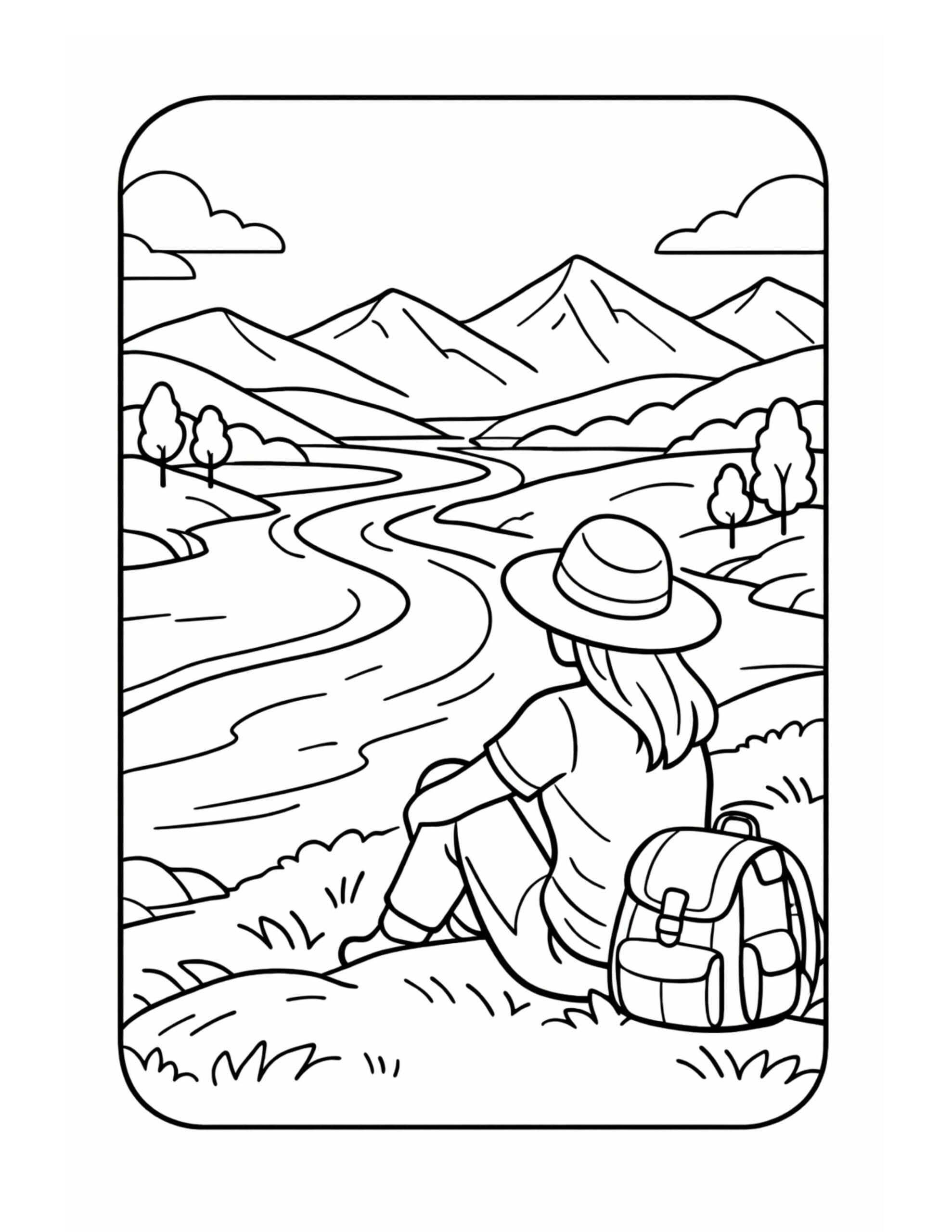 hiker watching winding river coloring page of a seated traveler with a backpack facing mountains and a wide river coloring page