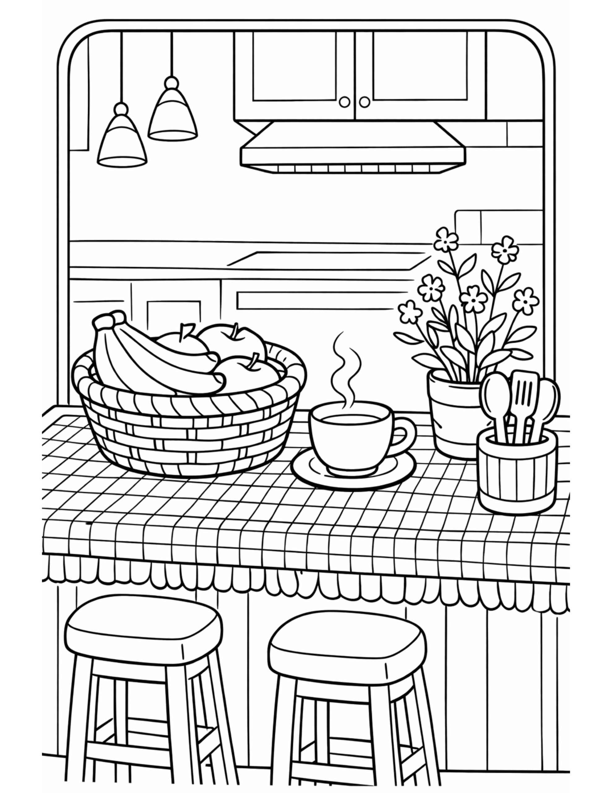 kitchen counter fruit and coffee coloring page featuring a basket of bananas and apples, steaming cup, flowers, and stools coloring page
