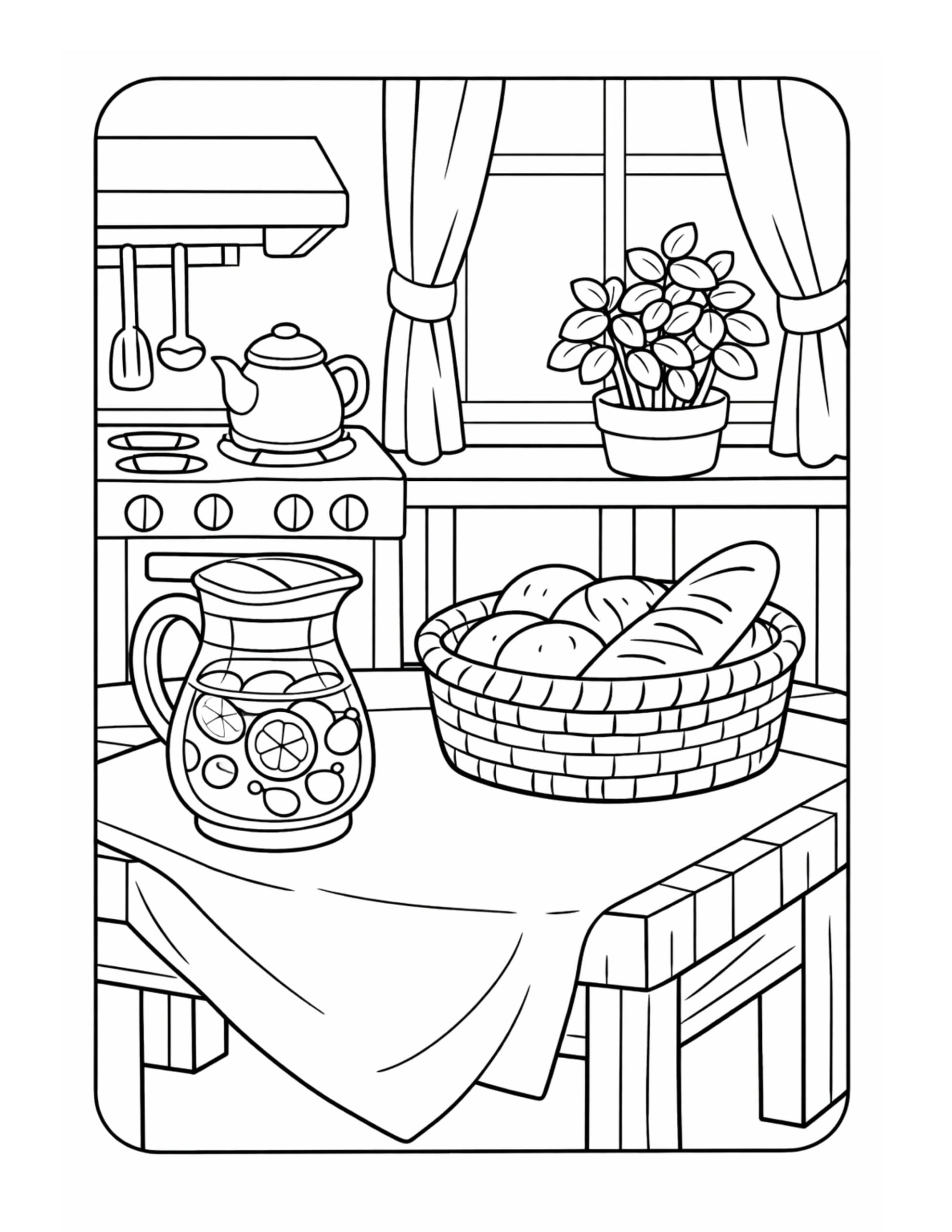 kitchen table with bread basket coloring page with a citrus pitcher, kettle on the stove, and window curtains coloring page
