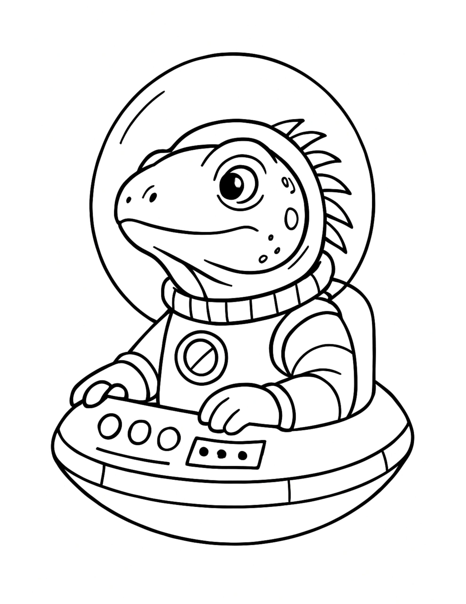 lizard astronaut piloting ufo coloring page with a helmeted lizard at a control panel in a flying saucer coloring page