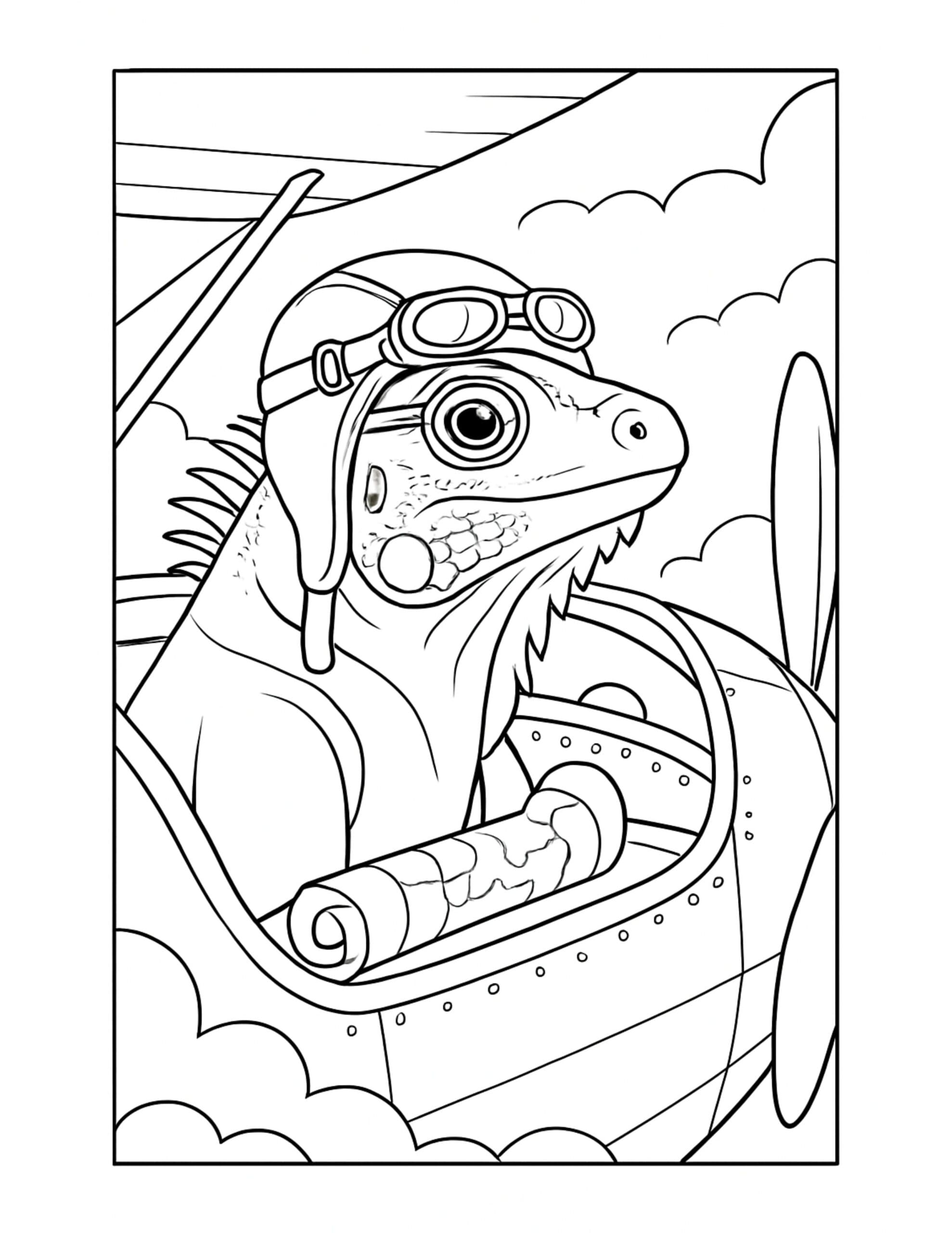 lizard flying a vintage plane coloring page, pilot lizard wearing aviator goggles in the cockpit coloring page