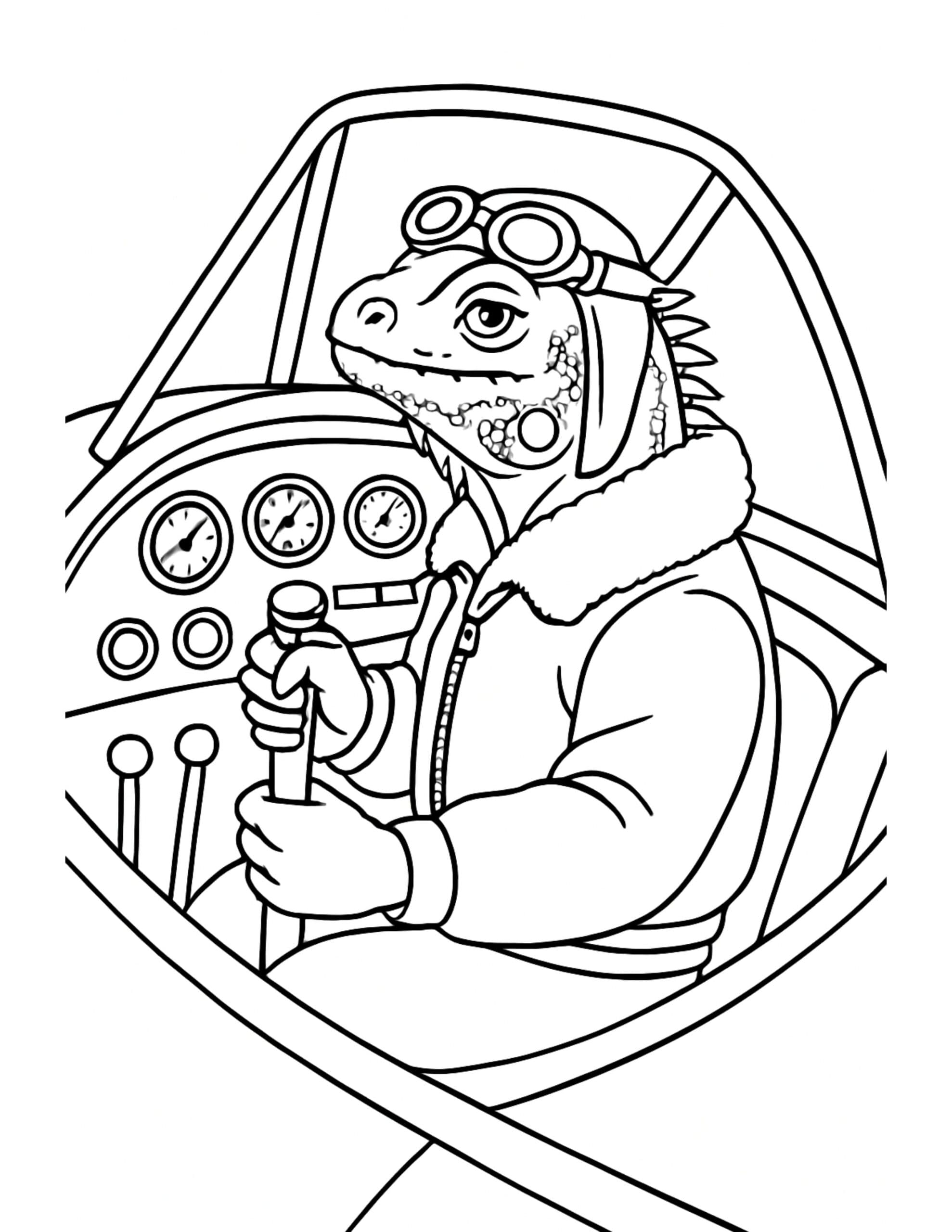 lizard flying an airplane cockpit coloring page with aviator goggles, control stick, and dashboard gauges, coloring page
