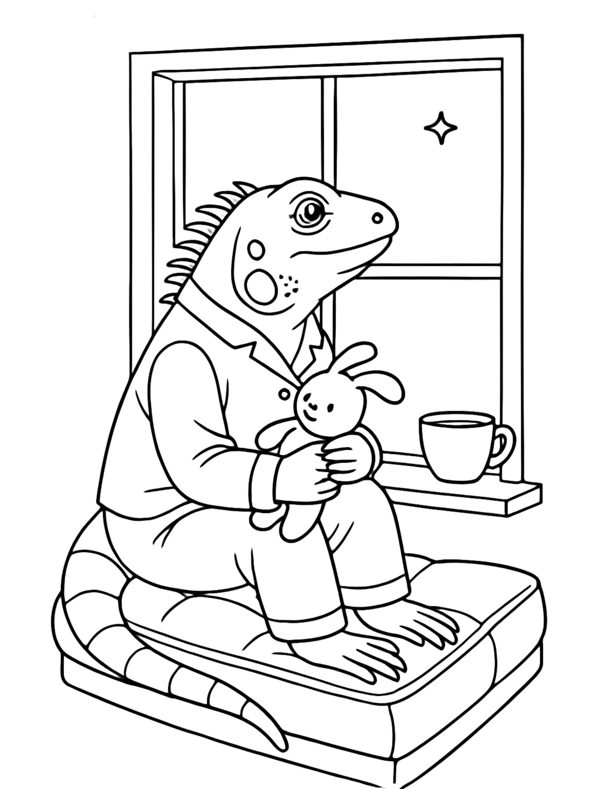 lizard hugging plush bunny coloring page with pajamas by a window and a mug, coloring page