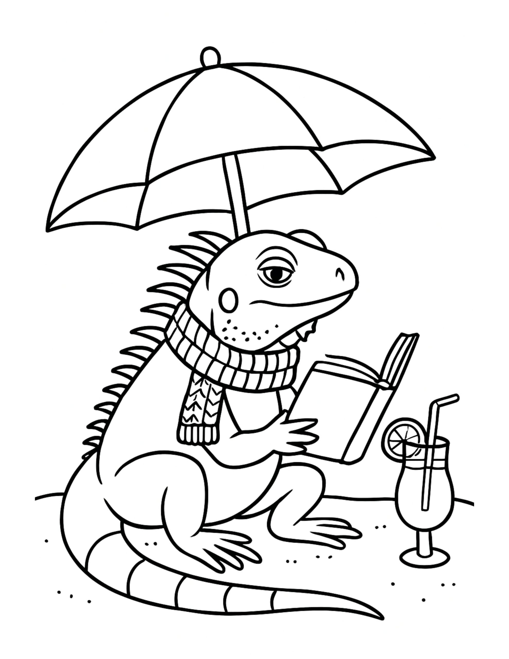 lizard reading under umbrella coloring page with scarf, open book, and beach drink coloring page