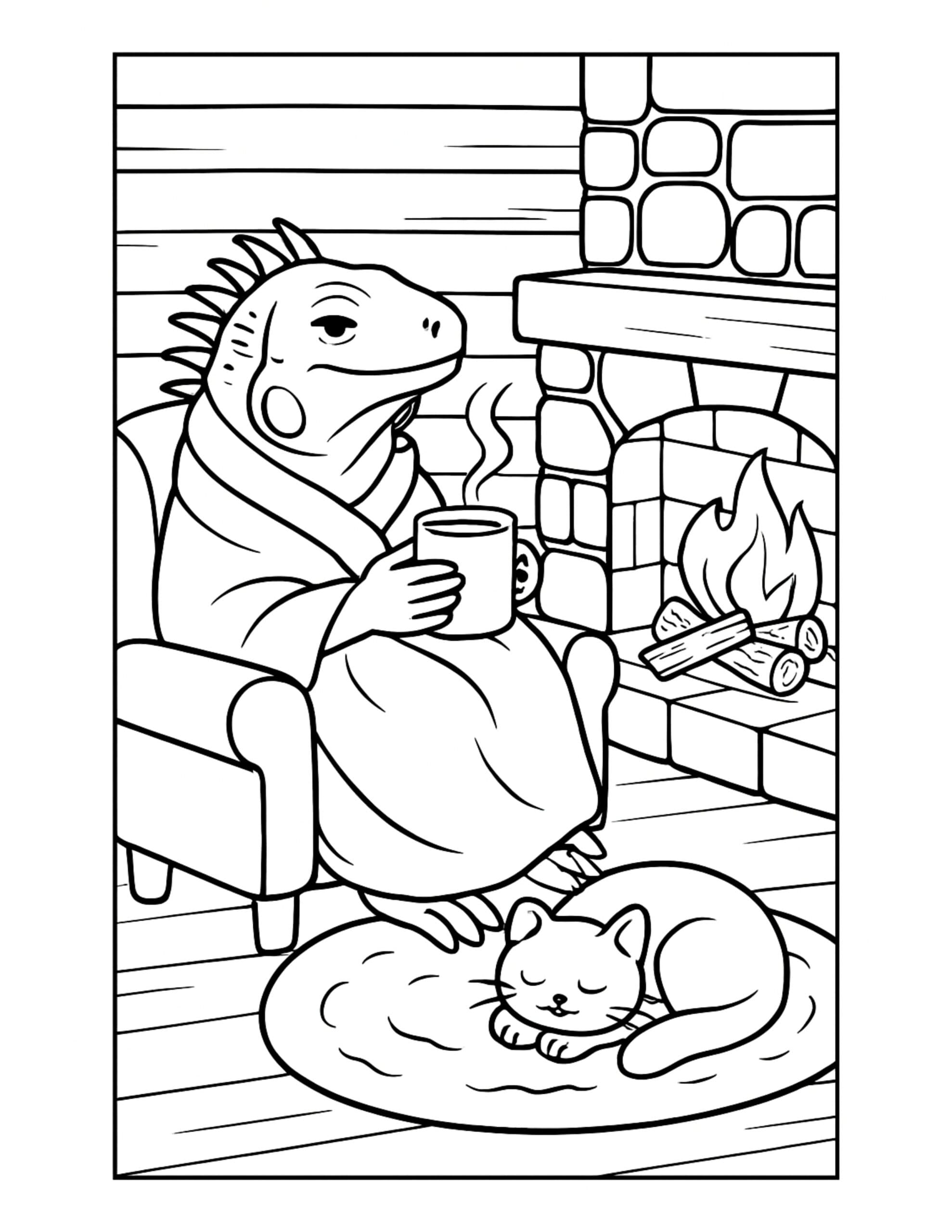 lizard sipping cocoa by fireplace coloring page of a robed lizard holding a mug beside a fire