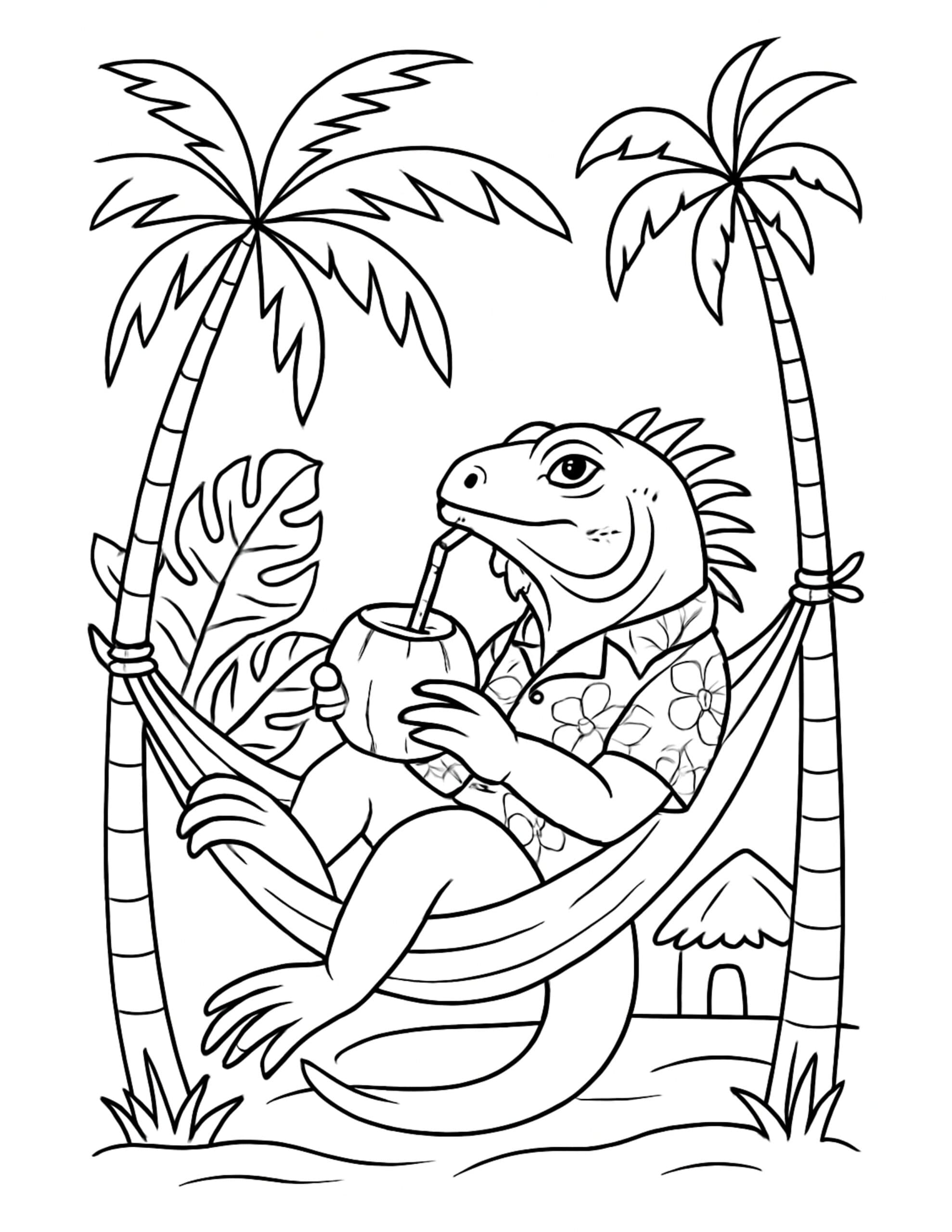 lizard sipping coconut in hammock coloring page, relaxed lizard in a hawaiian shirt under palm trees coloring page