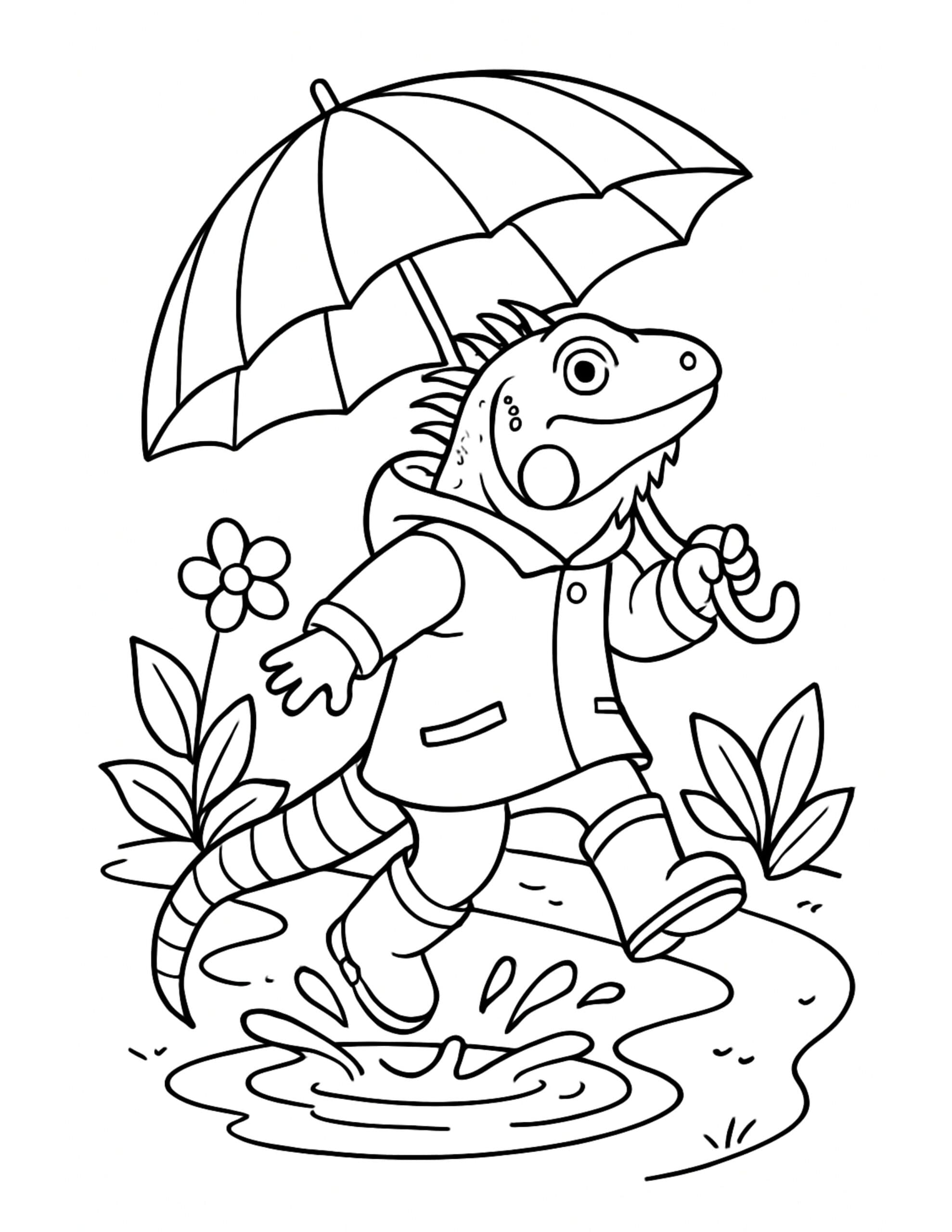 lizard splashing in puddle coloring page under an umbrella in a raincoat with flowers and splashes, coloring page