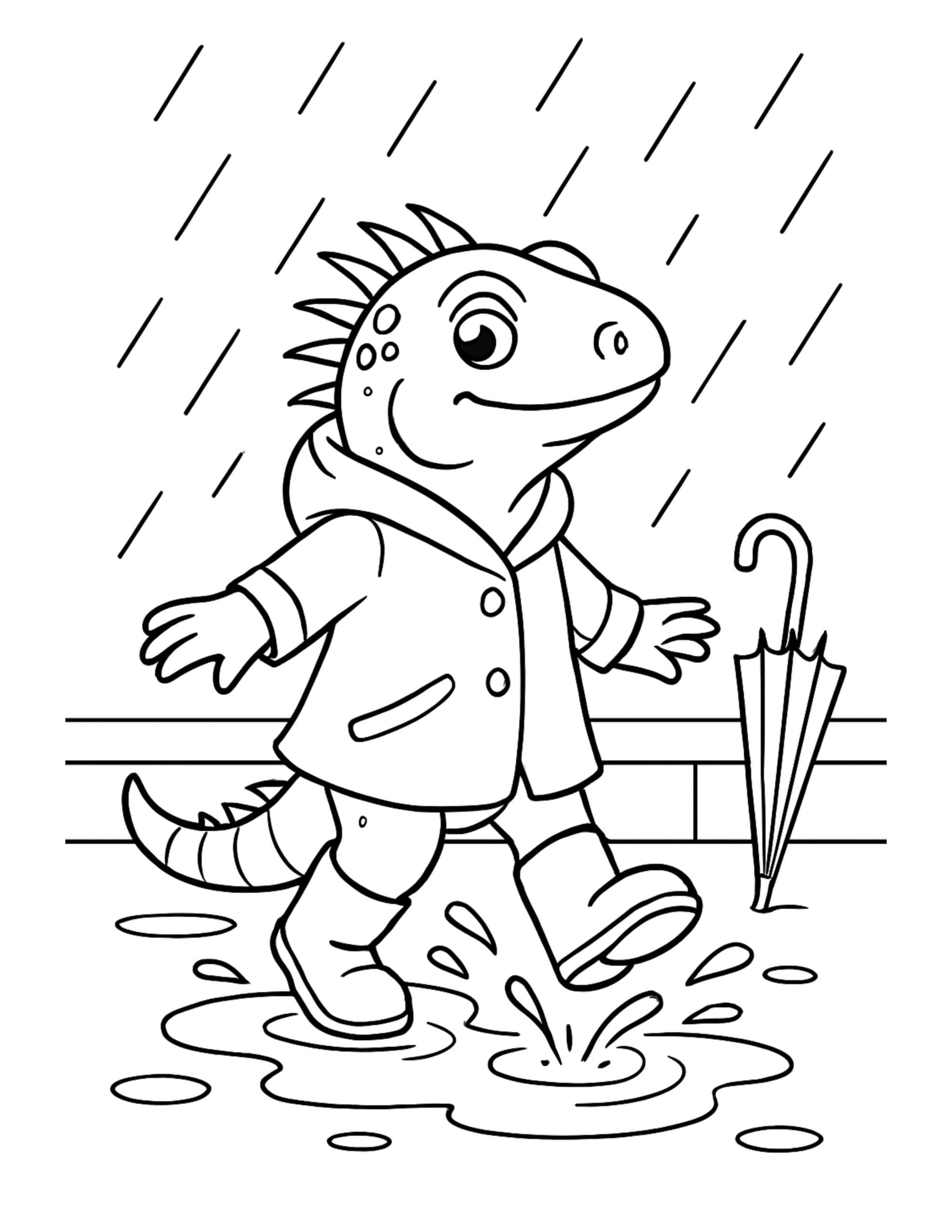 lizard splashing in rain puddles coloring page with raincoat, boots, and umbrella on a rainy day coloring page