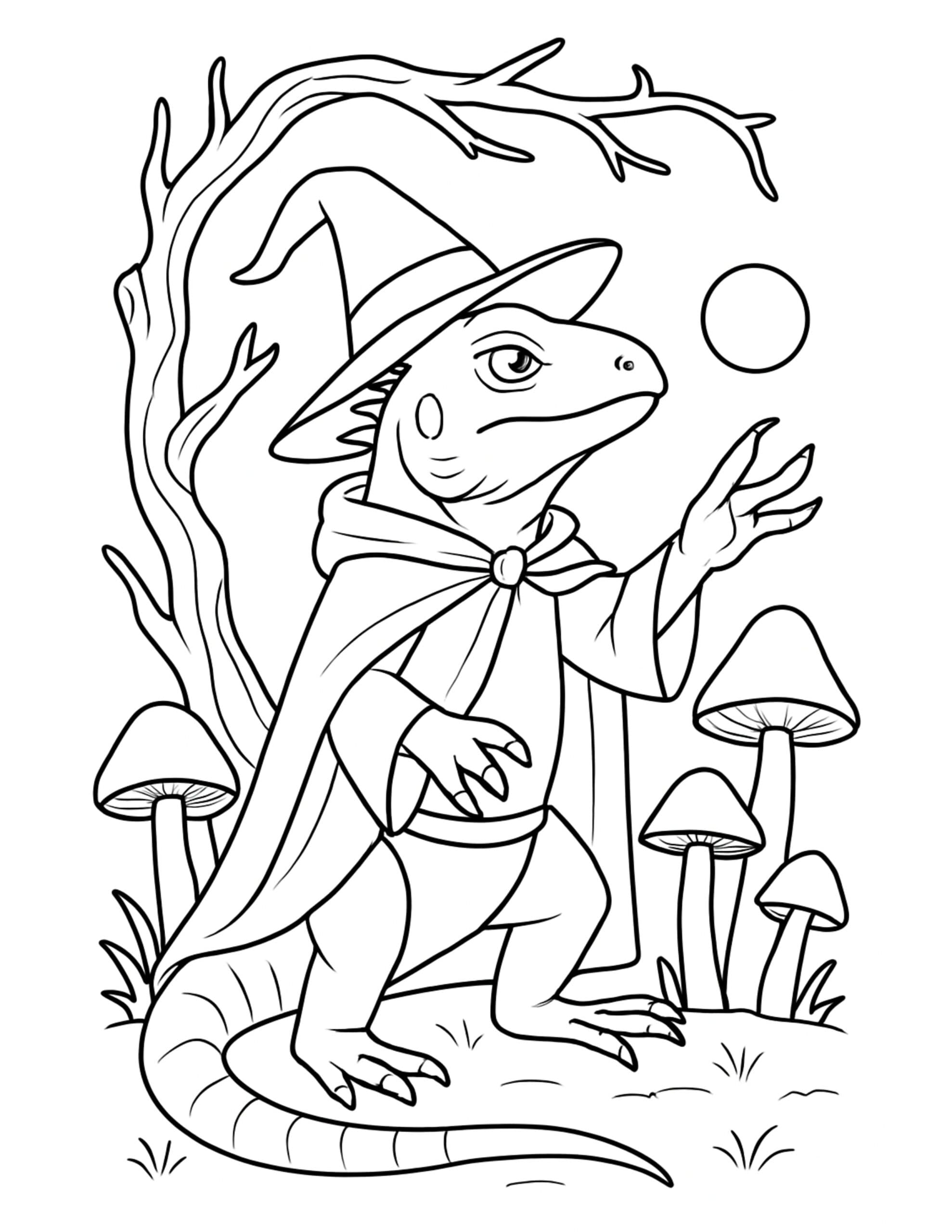 lizard wizard casting a spell coloring page featuring a caped lizard in a mushroom forest coloring page