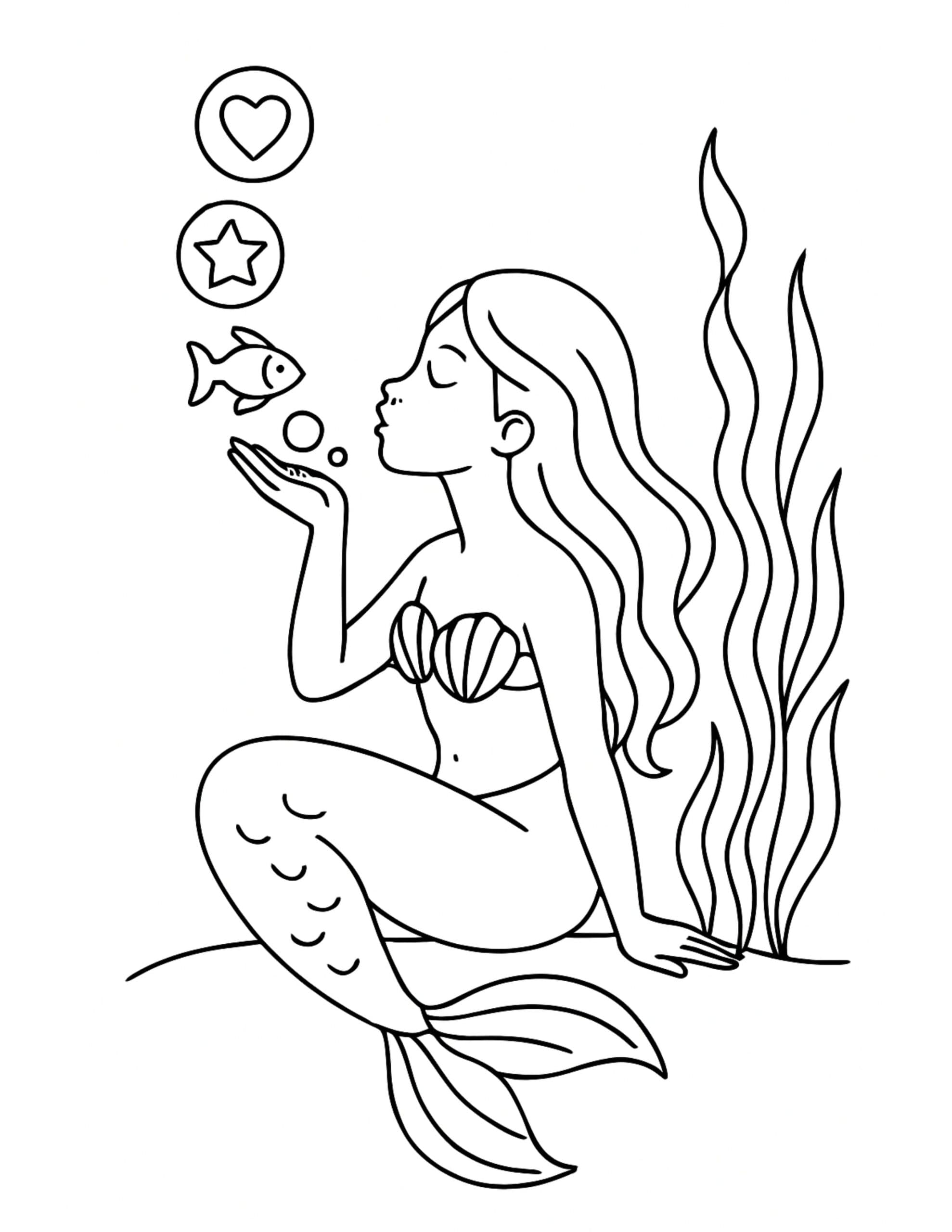 mermaid blowing bubbles at fish coloring page, mermaid seated by seaweed with heart and star icons coloring page