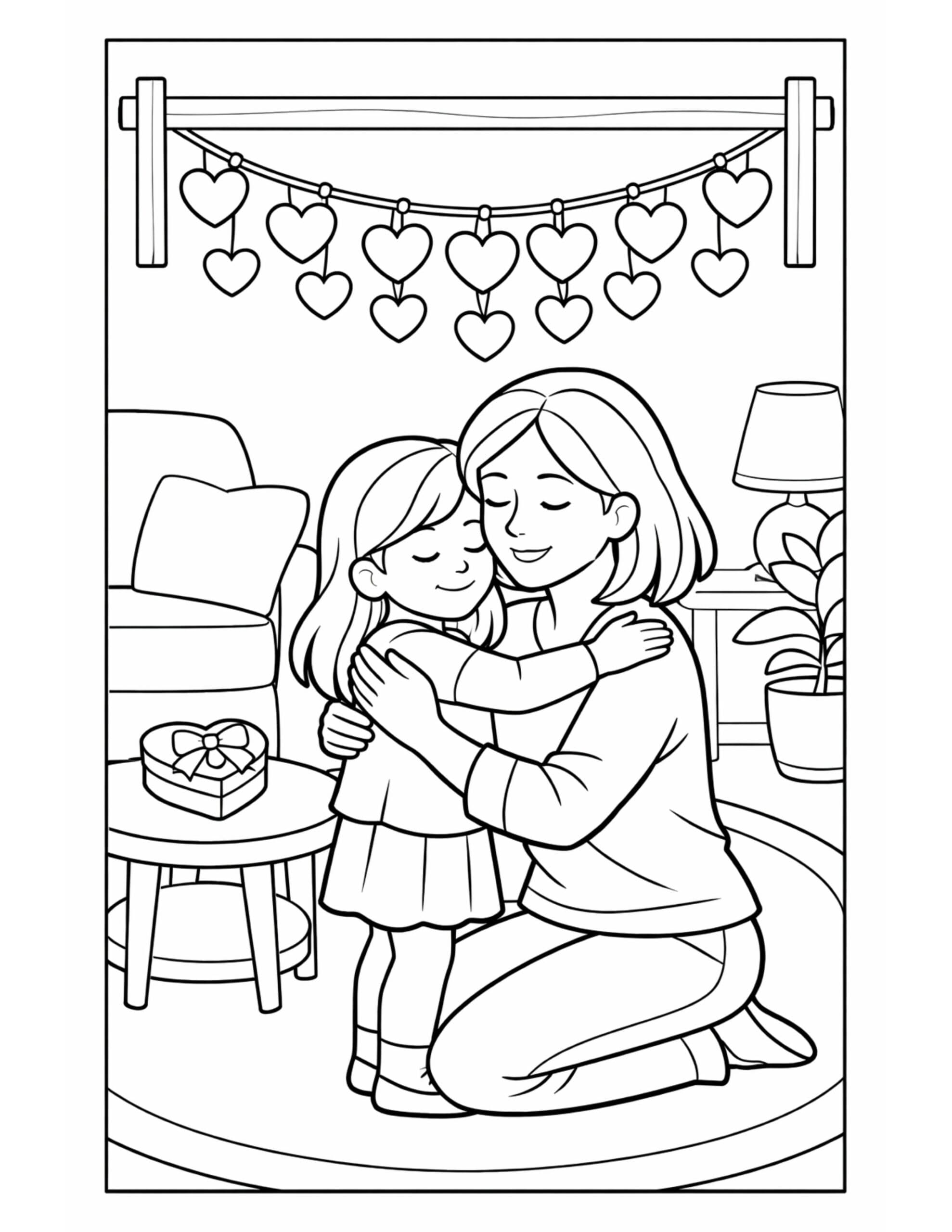 mom hugging daughter indoors coloring page with heart garland, sofa, lamp, plant, and heart gift box