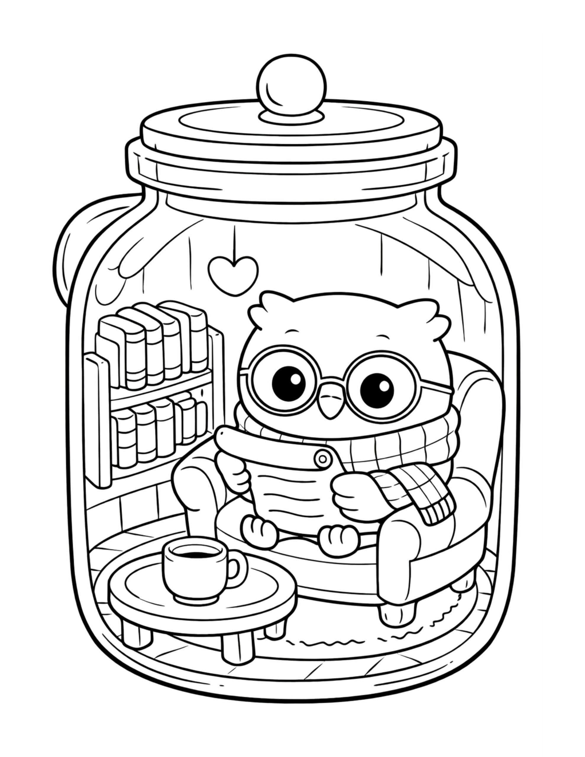owl reading in jar library coloring page with glasses, scarf, bookshelf, and coffee mug coloring page