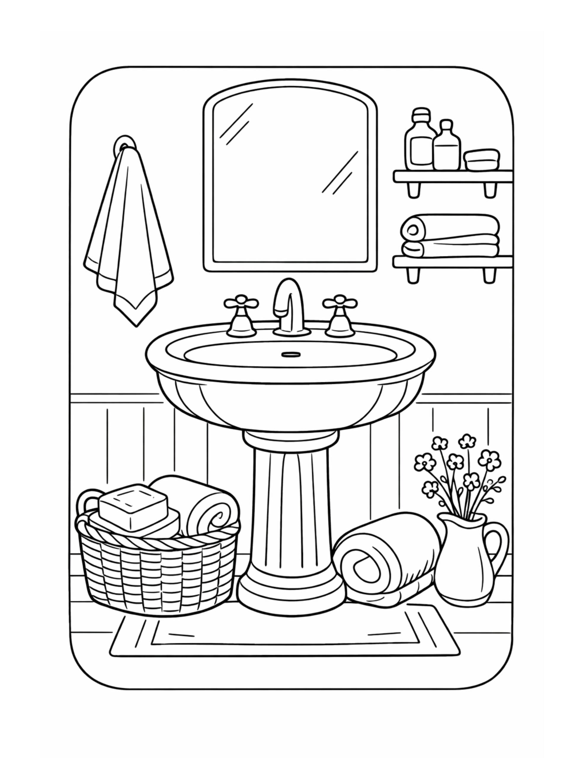 pedestal sink and towel shelves coloring page with a mirror, soap basket, rolled towels, and flower pitcher, bathroom line art coloring page