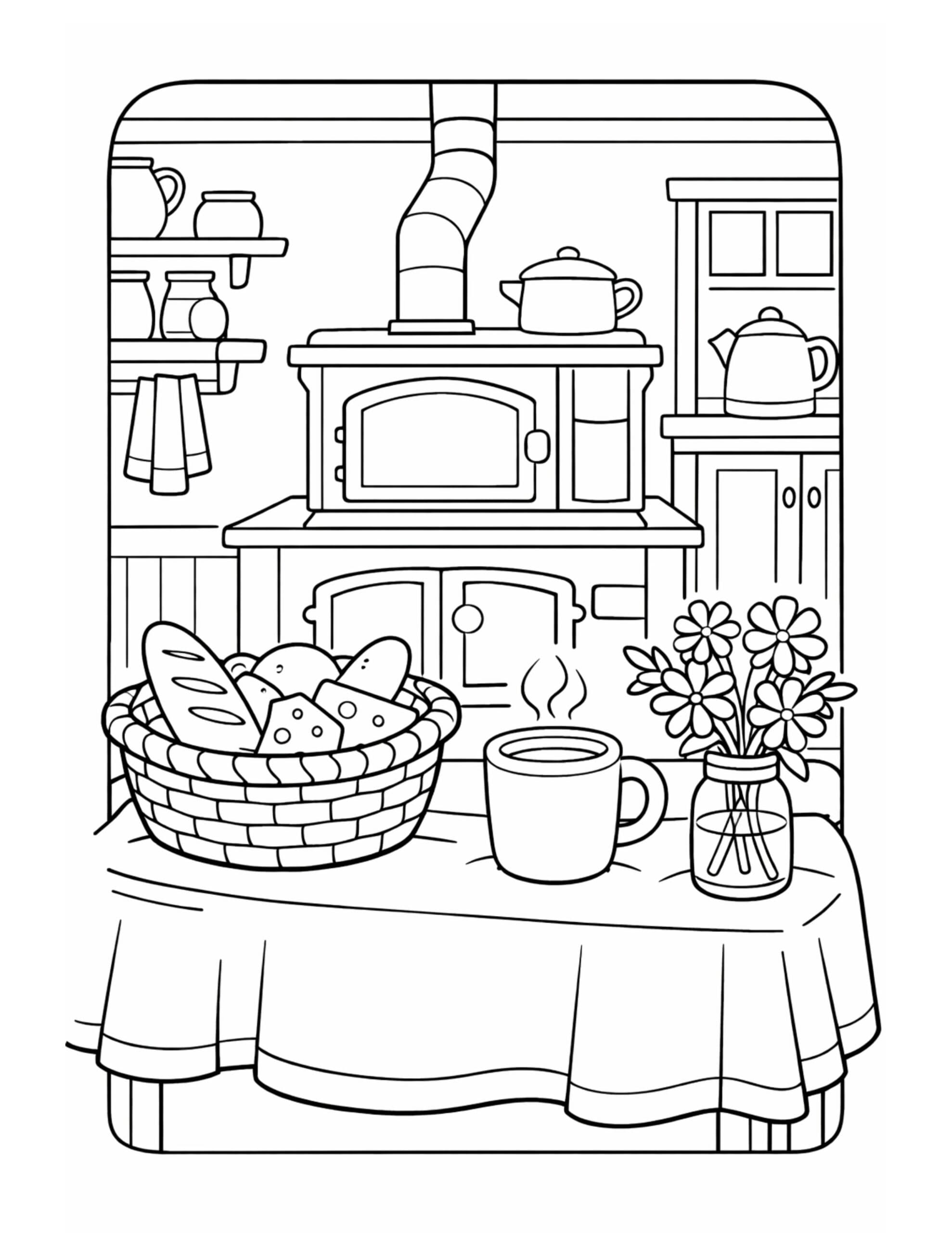 rustic stove and bread basket coloring page showing a wood stove, steaming mug, and flowers on a table coloring page