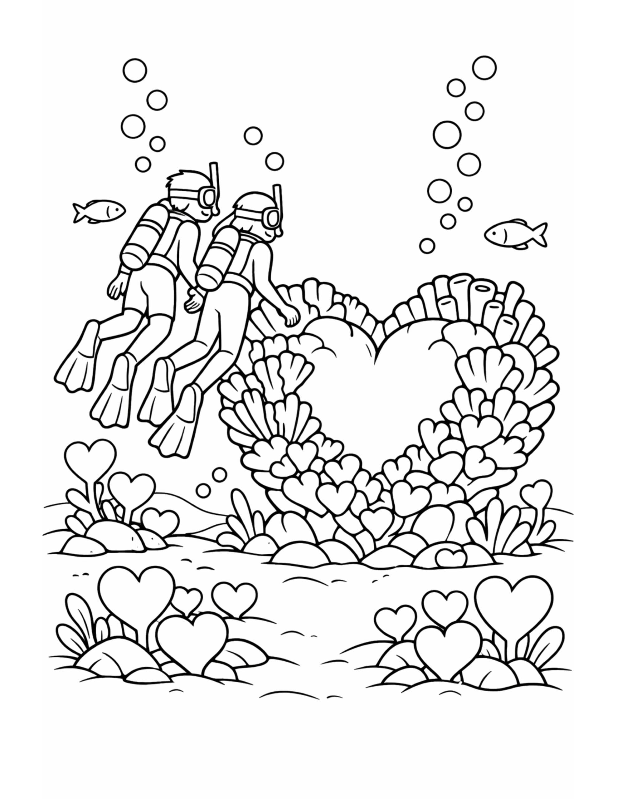 scuba divers exploring heart reef coloring page with bubbles, fish, and coral hearts coloring page