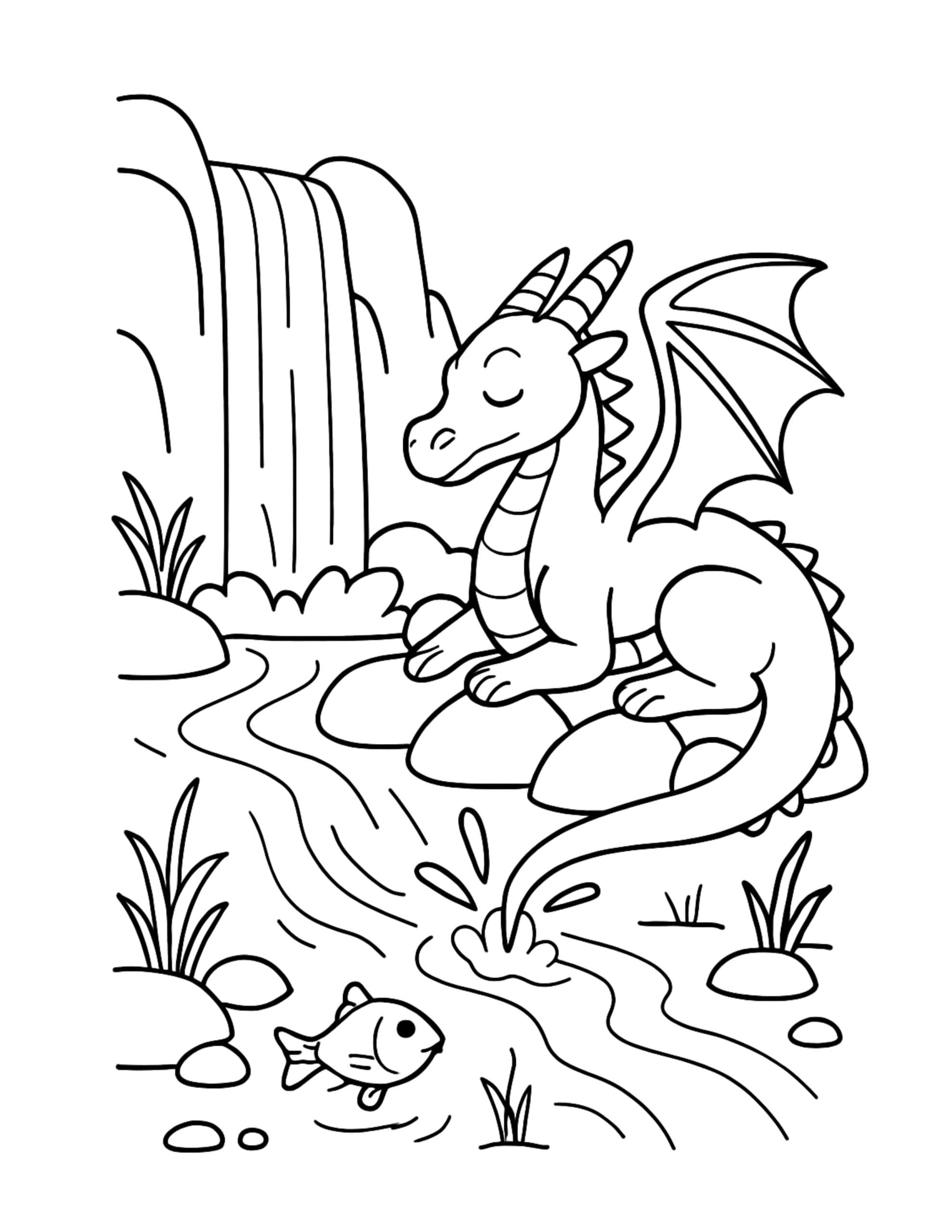 sleepy dragon beside a waterfall coloring page, resting on rocks by a flowing stream with a small fish