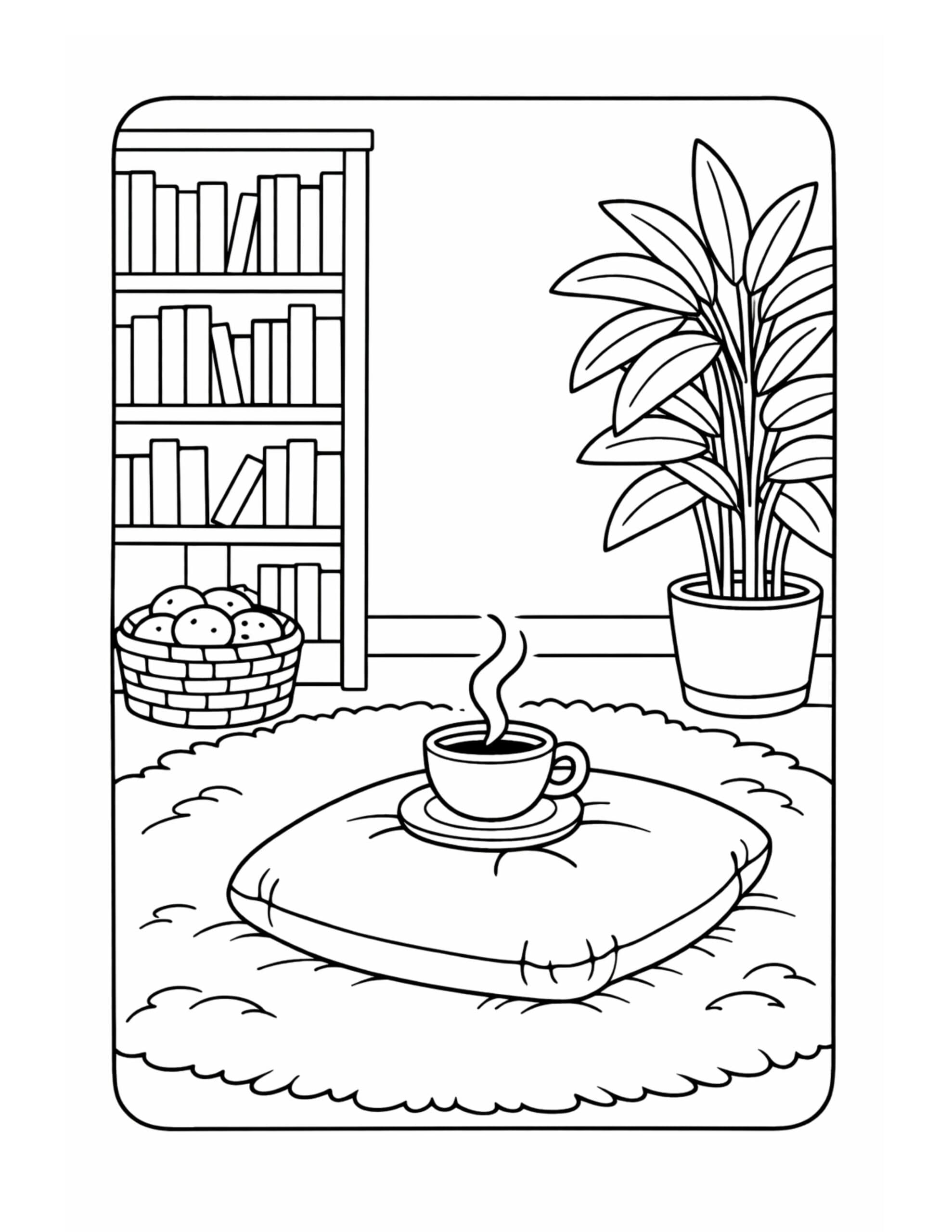 steaming tea on floor cushion coloring page with a mug on a cushion, fluffy rug, bookshelf, and potted plant coloring page