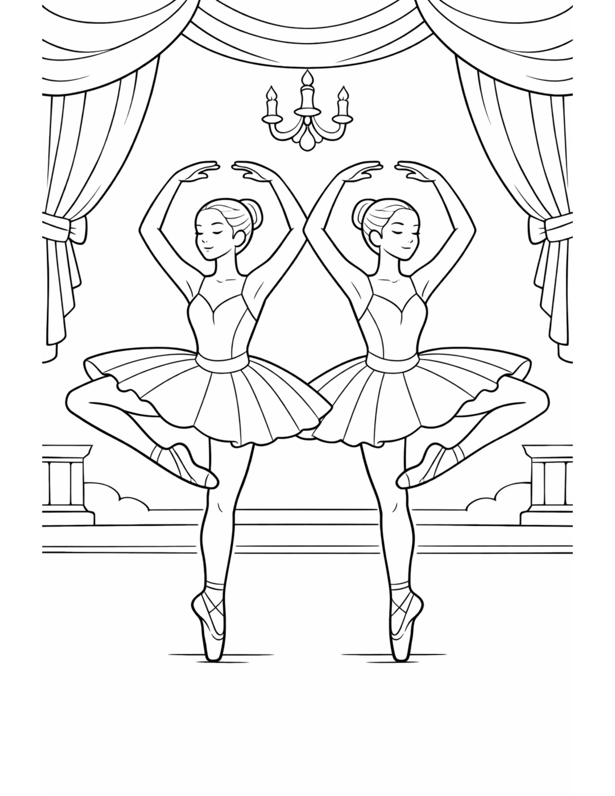 twin ballerinas under chandelier pose coloring page with two dancers framed by stage curtains coloring page