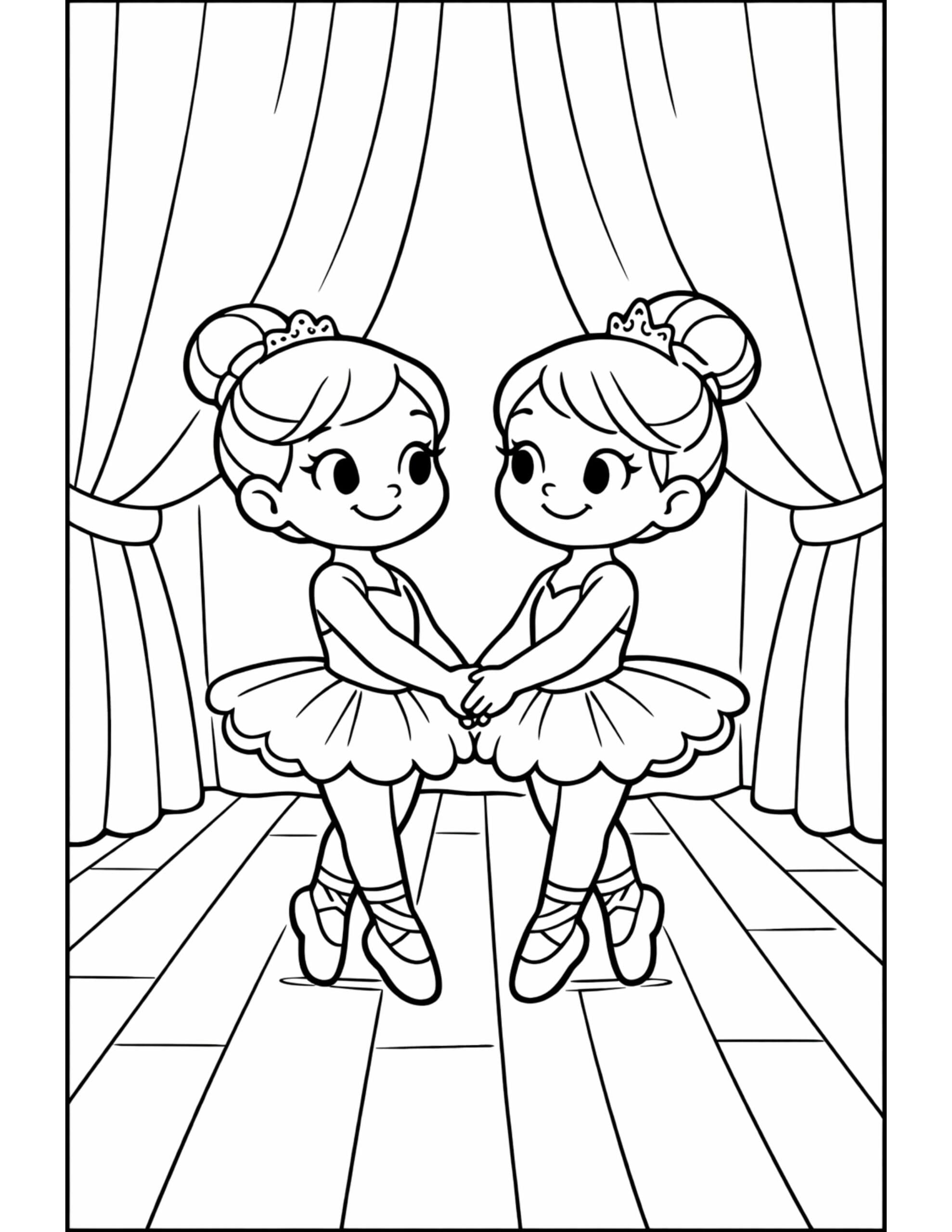 two ballerinas holding hands coloring page, sweet stage duo under tall curtains coloring page