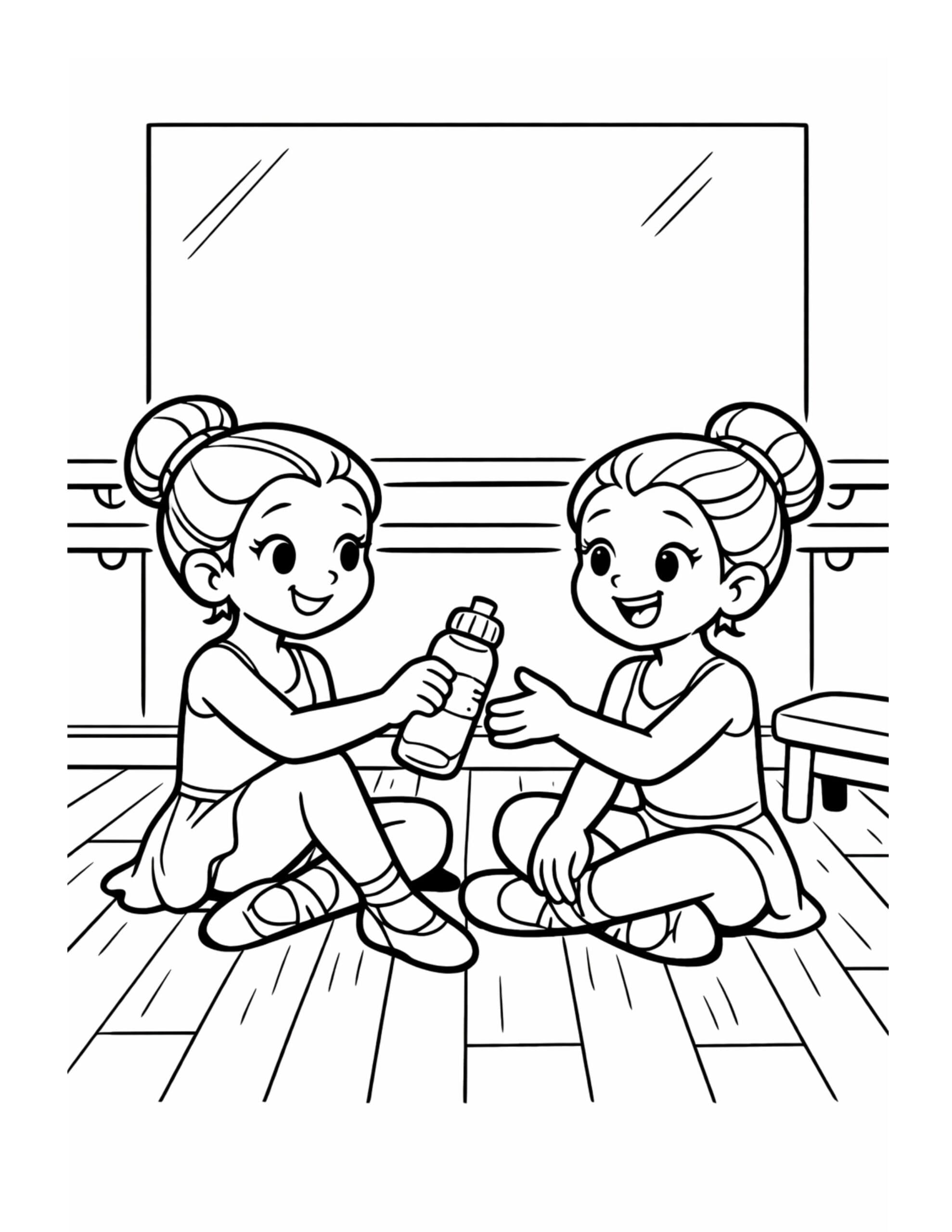 two ballerinas sharing water bottle coloring page in a ballet studio mirror moment coloring page