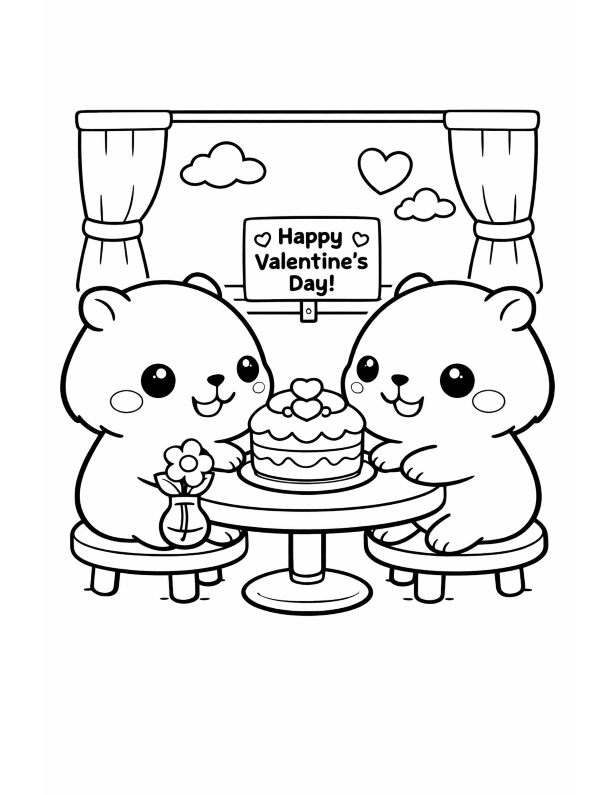 two bears sharing valentine cake coloring page, two cute bears at a table with a heart-topped cake and Happy Valentine’s Day sign coloring page