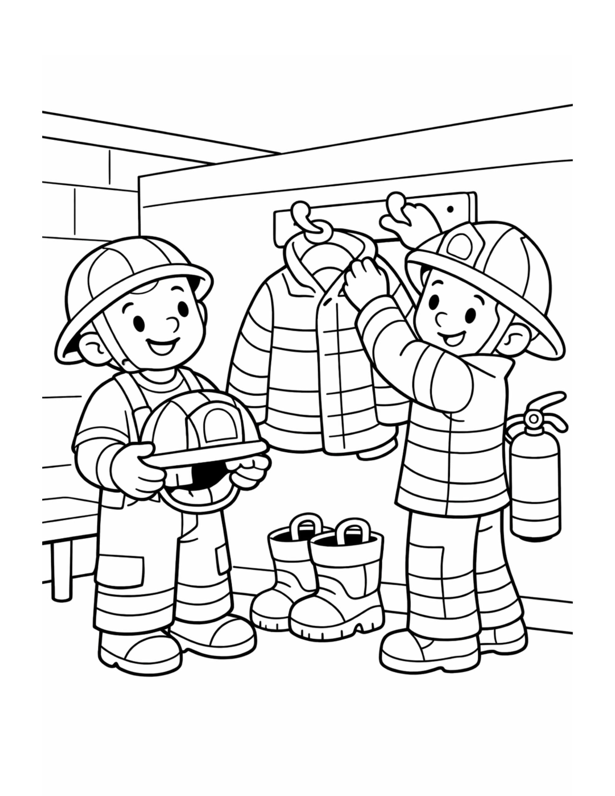 two firefighters hanging gear coloring page with jackets on hooks, helmets and boots in a fire station coloring page