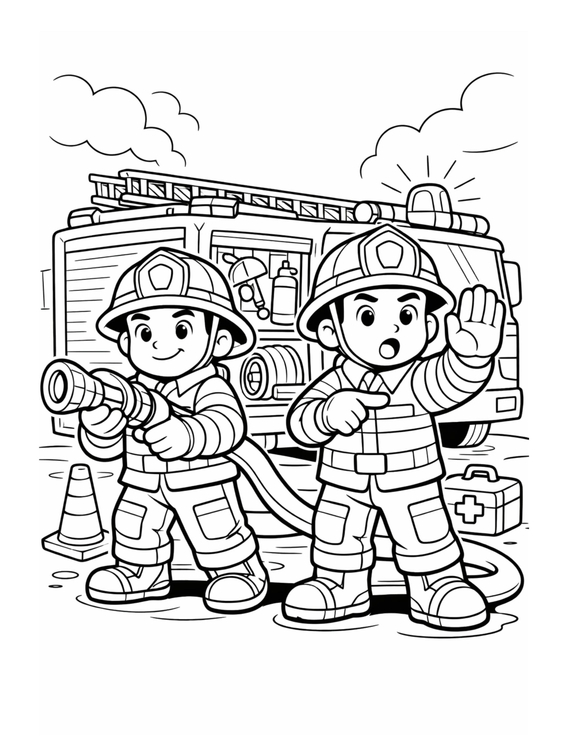 two firefighters using hose truck coloring page with a fire engine, hose line, safety cone, and first aid box coloring page