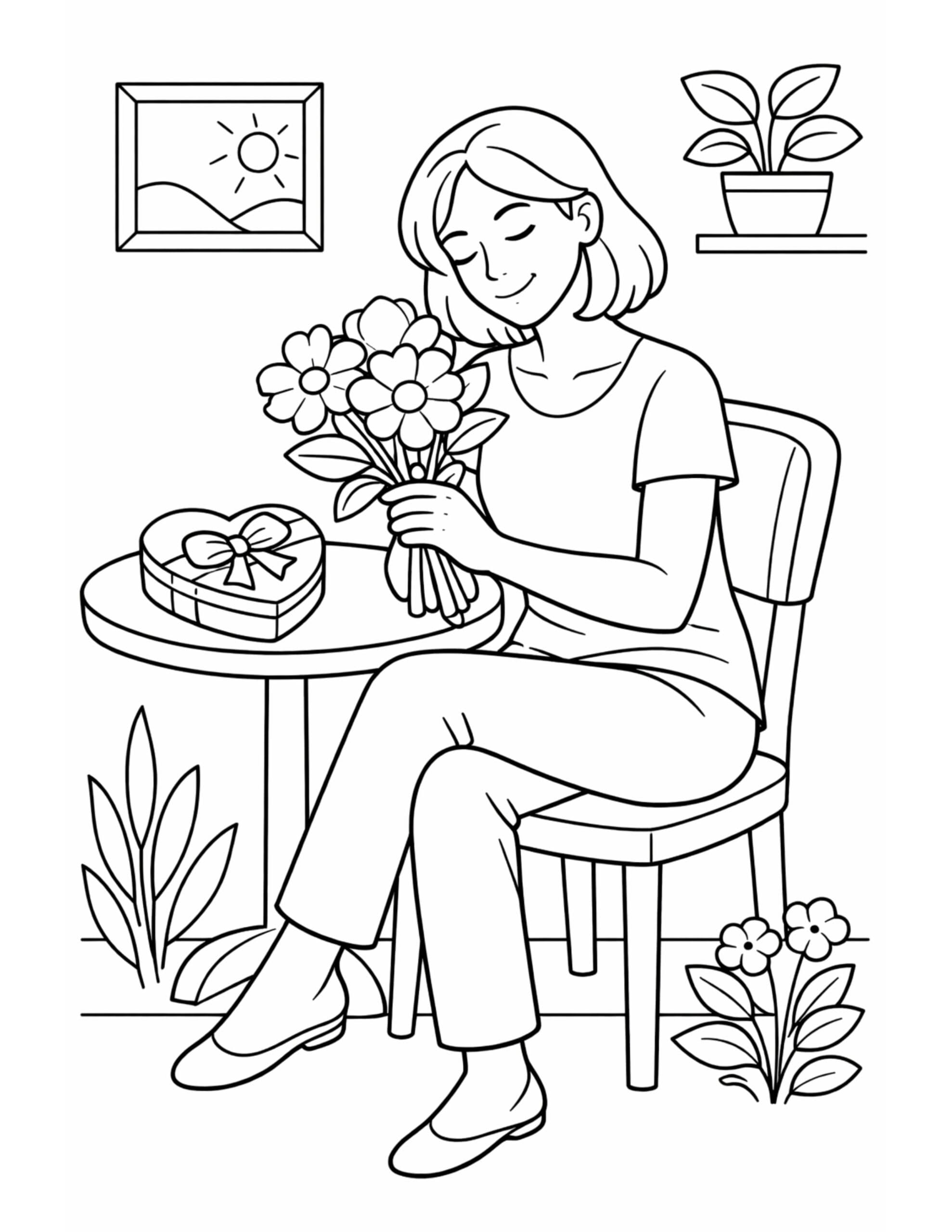 woman holding flower bouquet coloring page with a seated woman, heart shaped gift box, and simple room decor coloring page