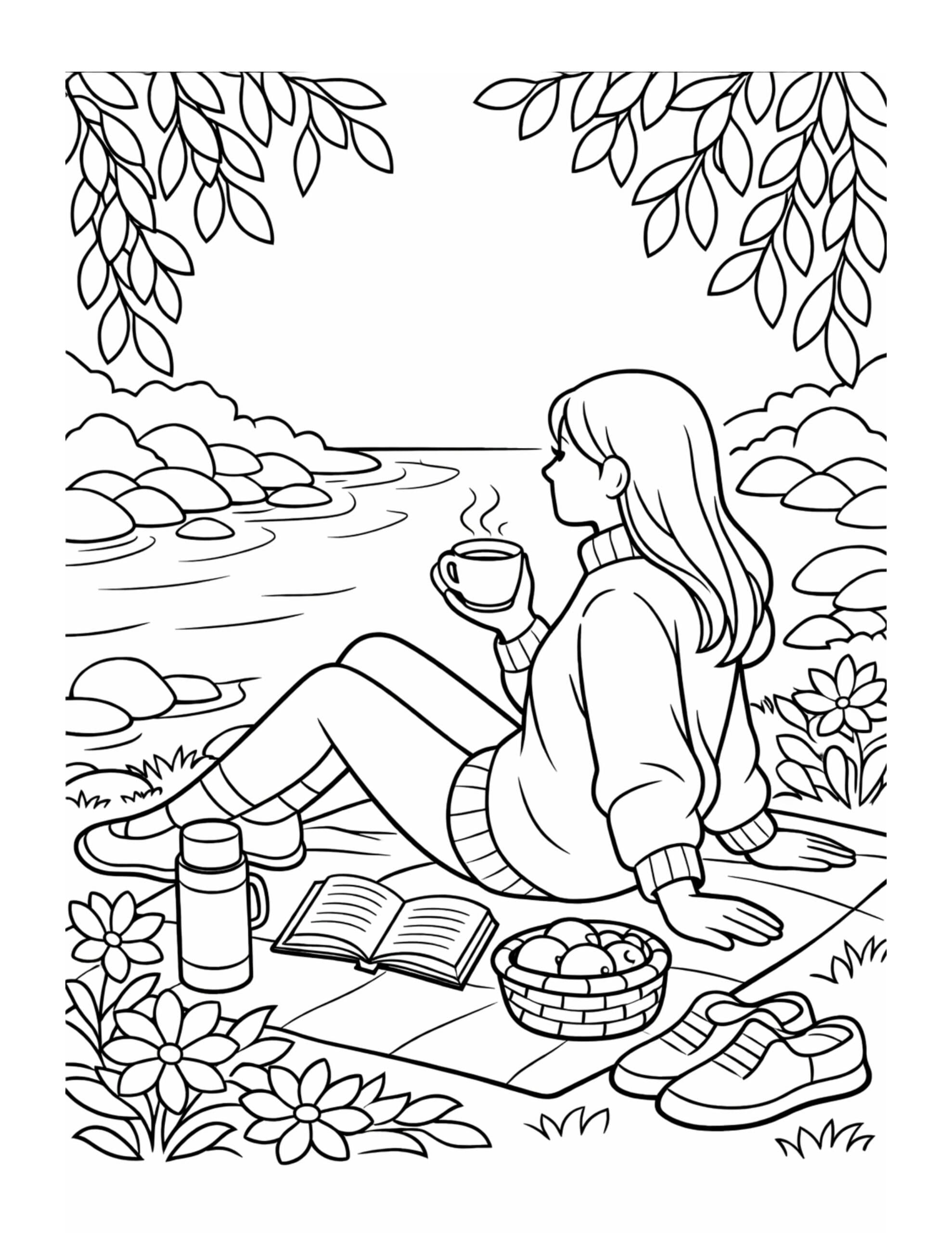 woman holding mug by river coloring page with picnic blanket, open book, basket, and flowers coloring page
