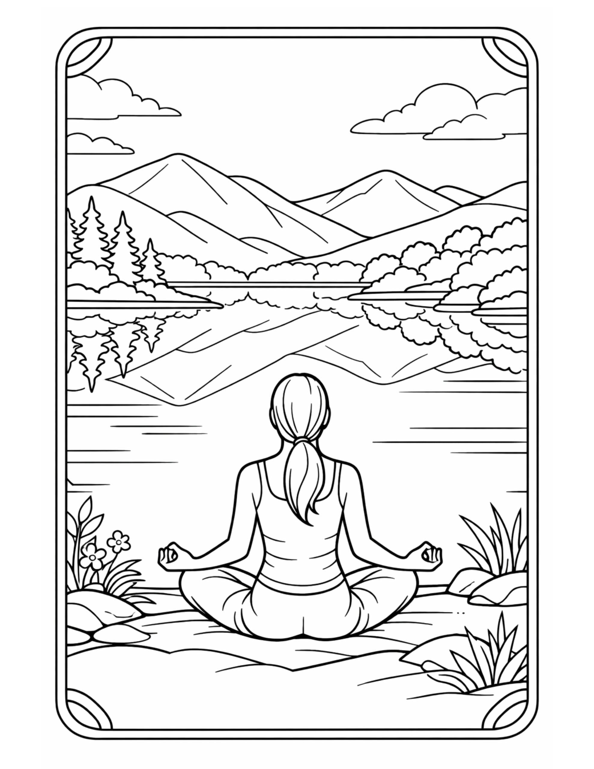 woman meditating by mountain lake coloring page with seated yoga pose facing mountain reflections coloring page
