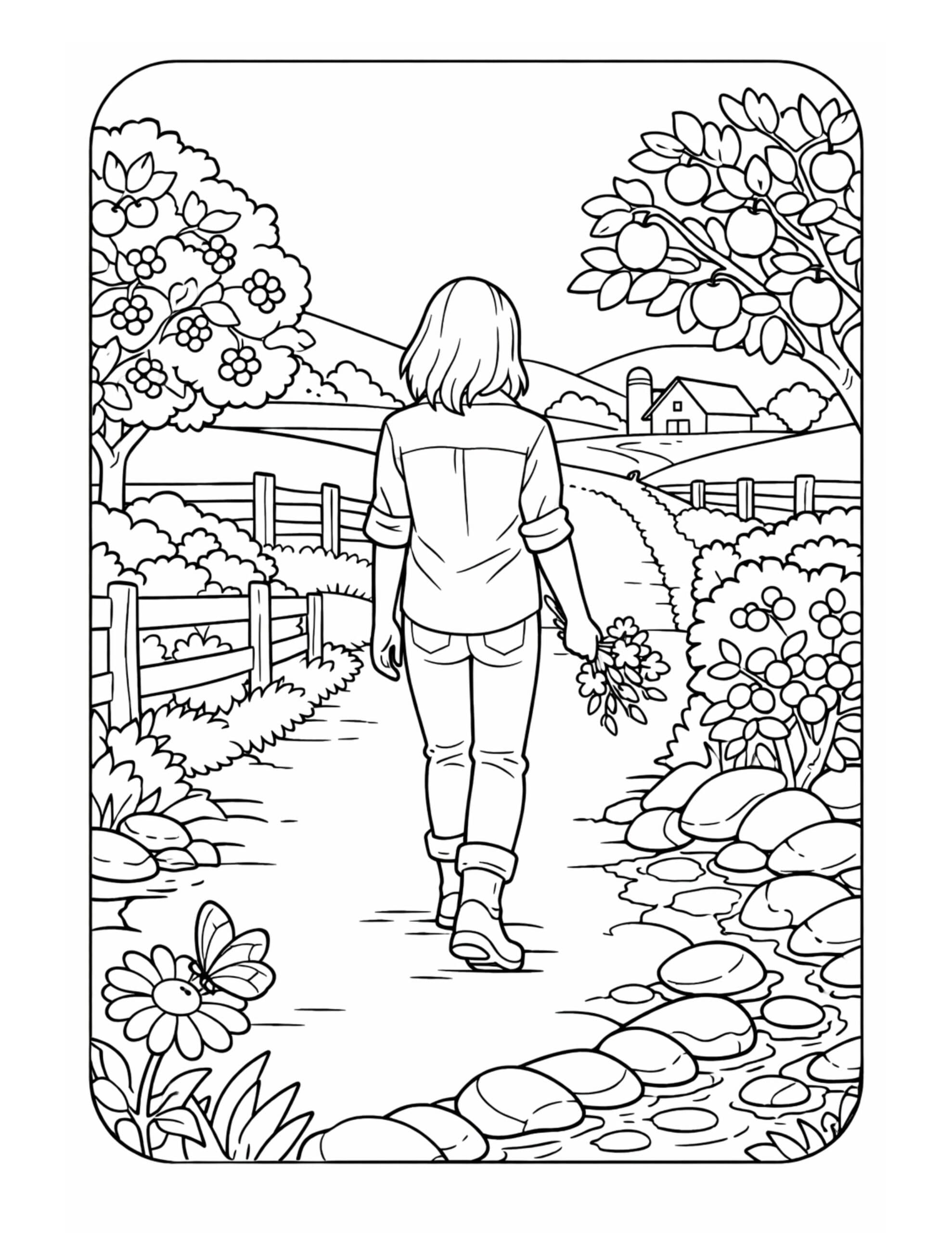 woman walking through apple orchard coloring page, country lane with fences, apples, farmhouse, and butterfly coloring page