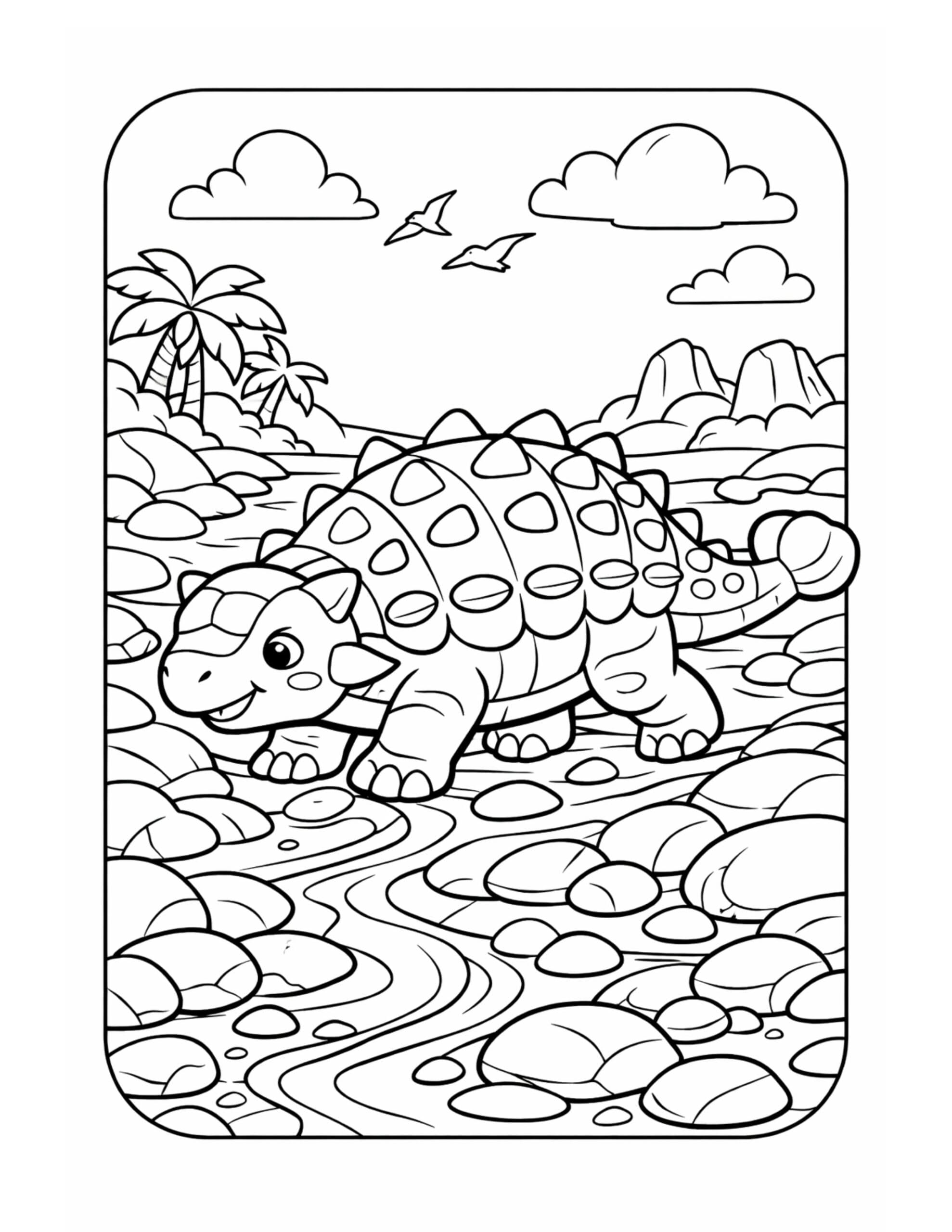 ankylosaurus walking in rocky river coloring page with stones, palm trees, clouds, and distant hills, coloring page