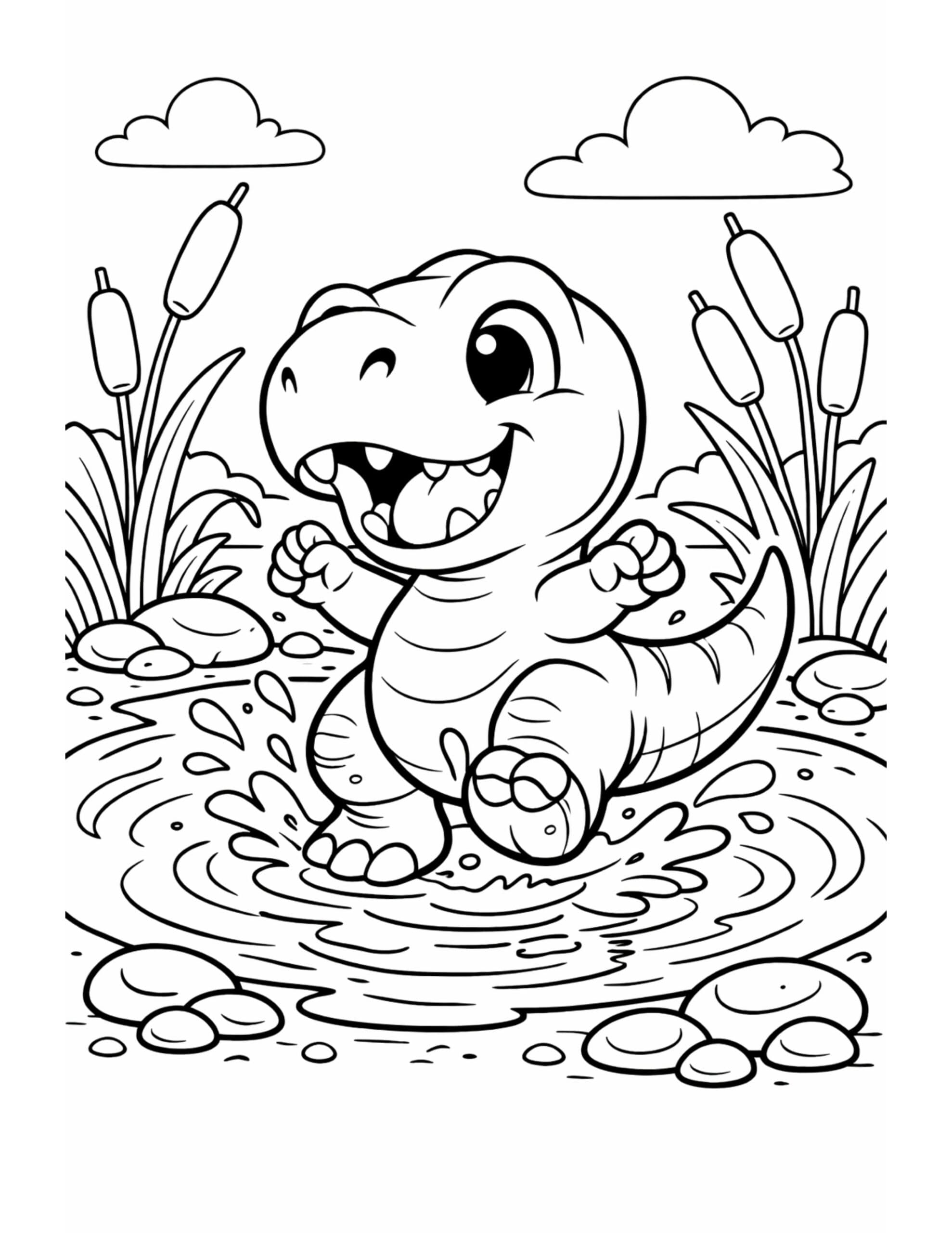 baby dinosaur splashing in puddle coloring page with cattails rocks and ripples coloring page