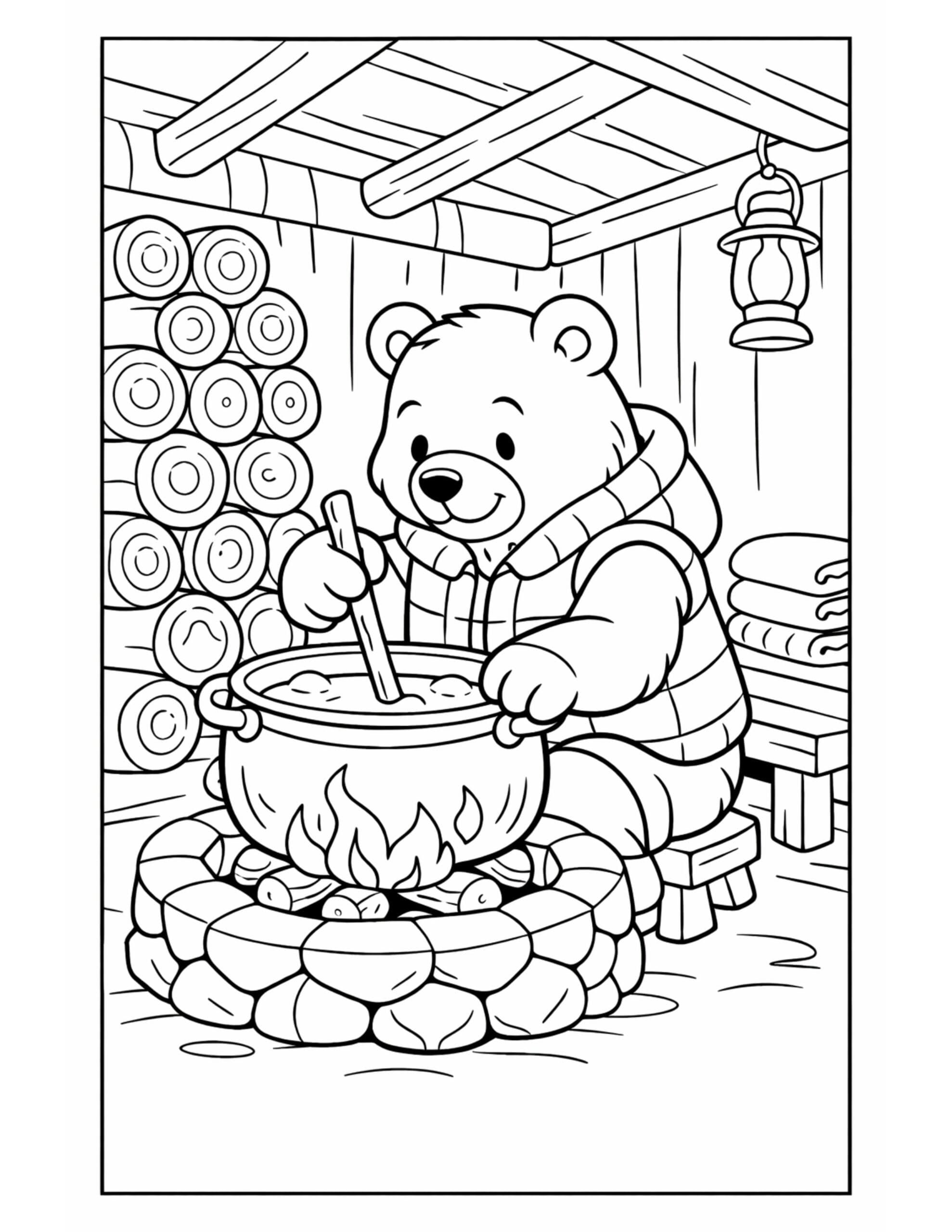 bear cooking soup over fire coloring page showing a cozy cabin cooking scene