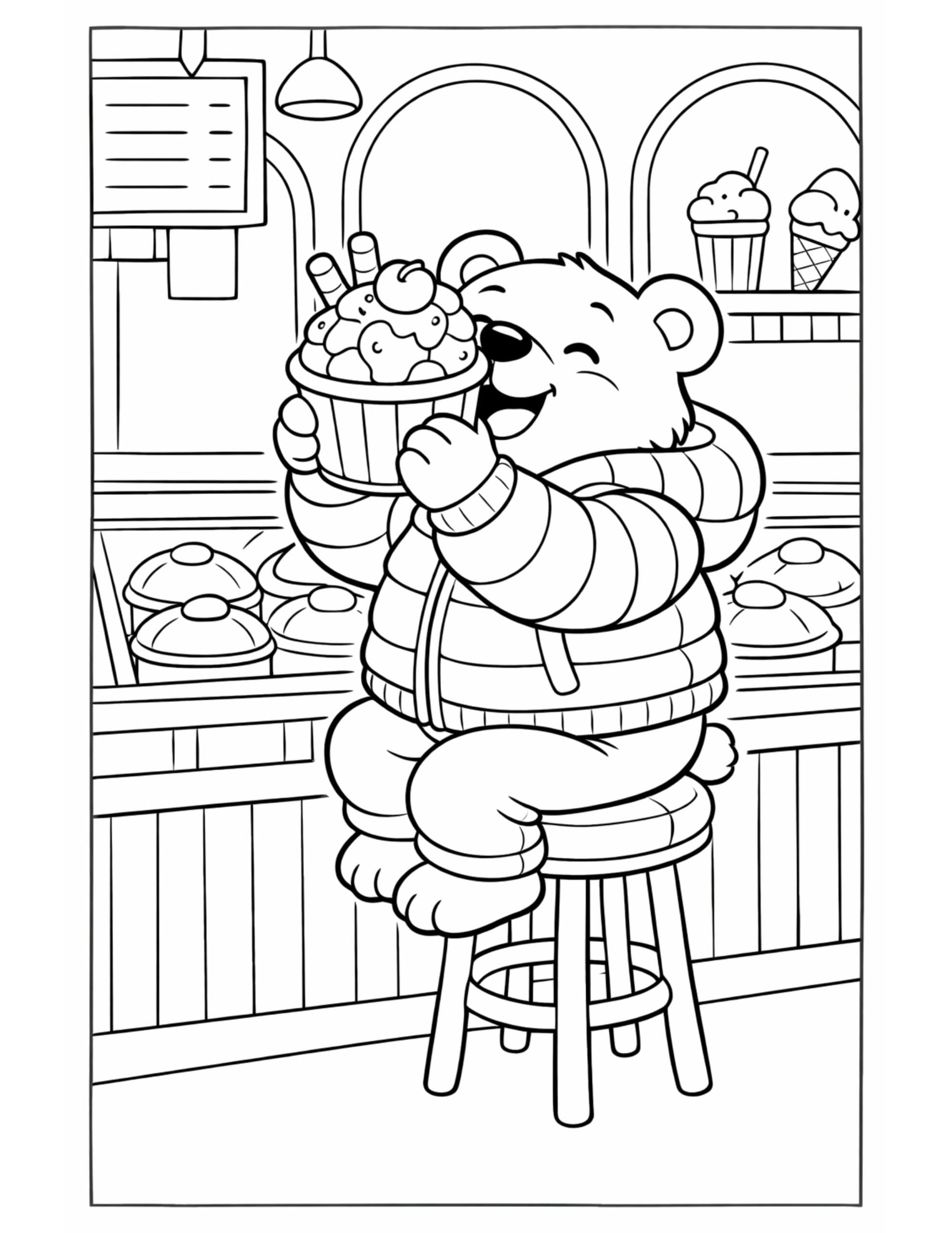 bear enjoying ice cream sundae coloring page, smiling bear holding a big sundae at an ice cream counter coloring page
