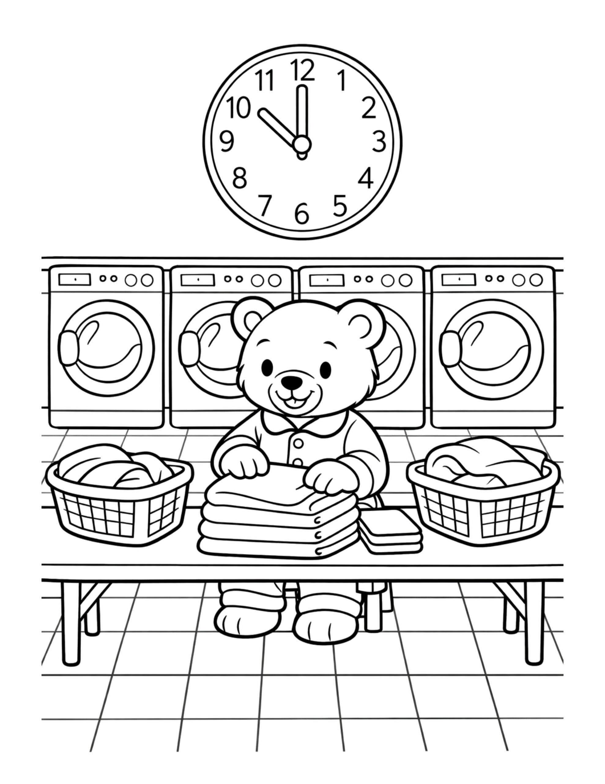 bear folding laundry at laundromat coloring page with washing machines, laundry baskets, folded towels, and a wall clock coloring page