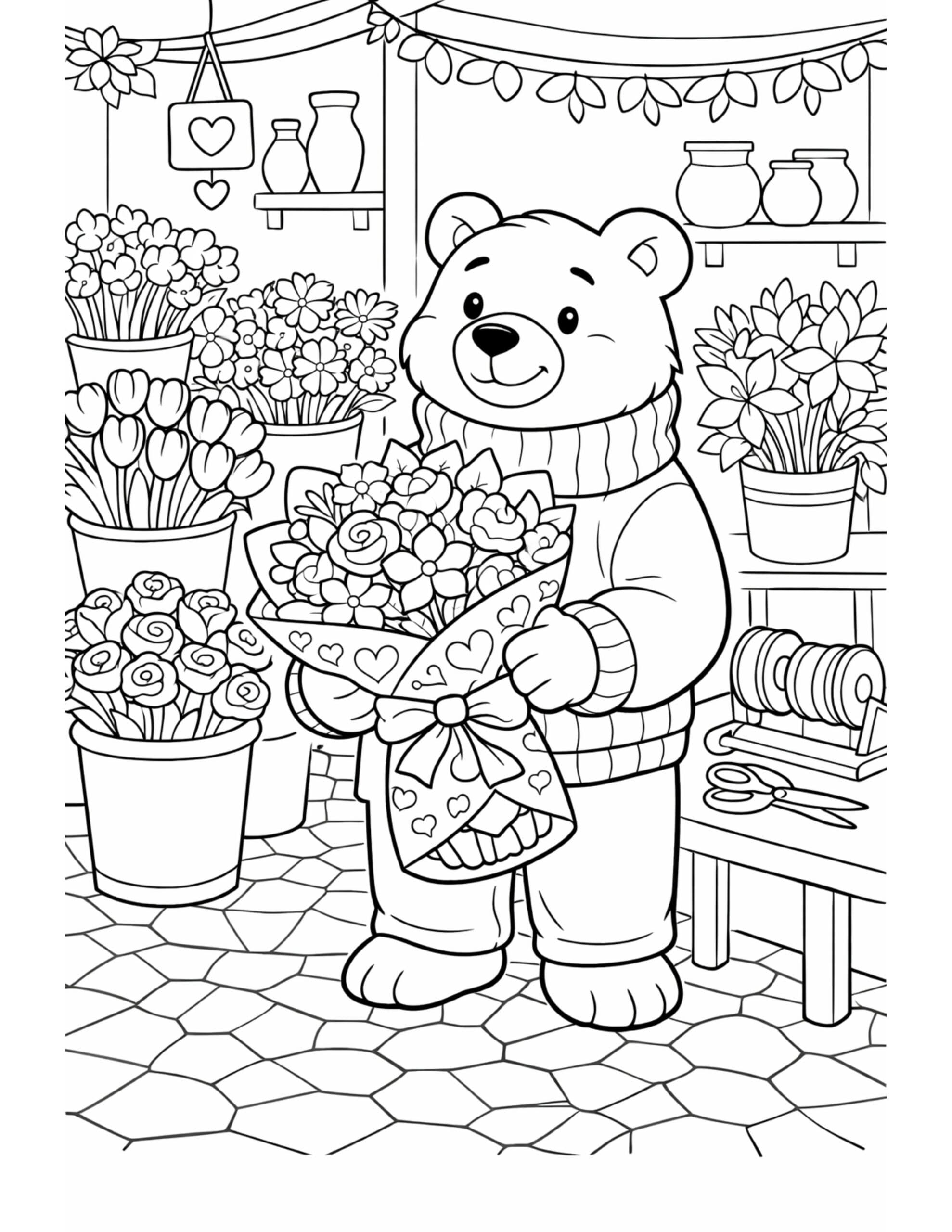 bear holding flower bouquet coloring page with a smiling bear in a cozy flower shop