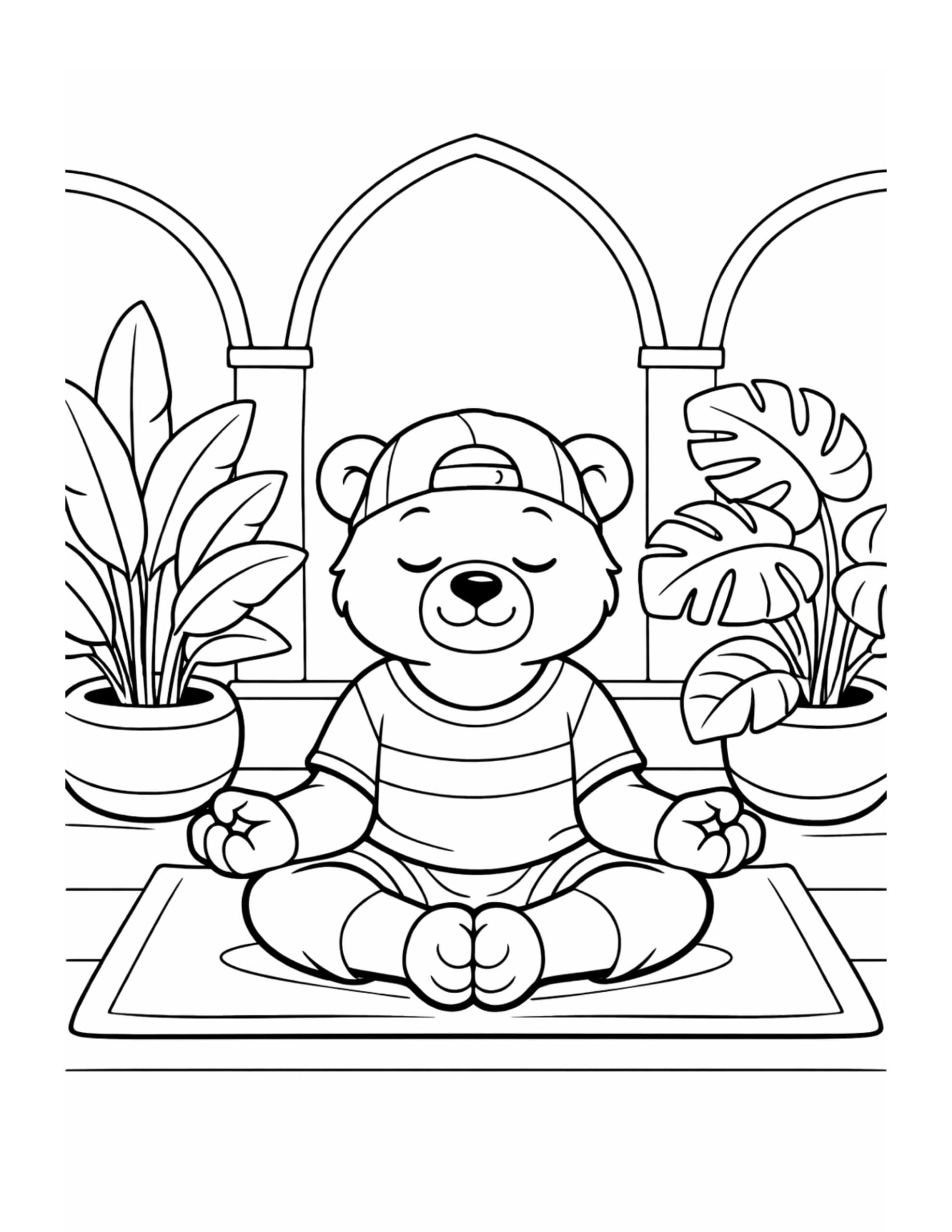 bear meditating on yoga mat coloring page with a calm bear sitting indoors with plants