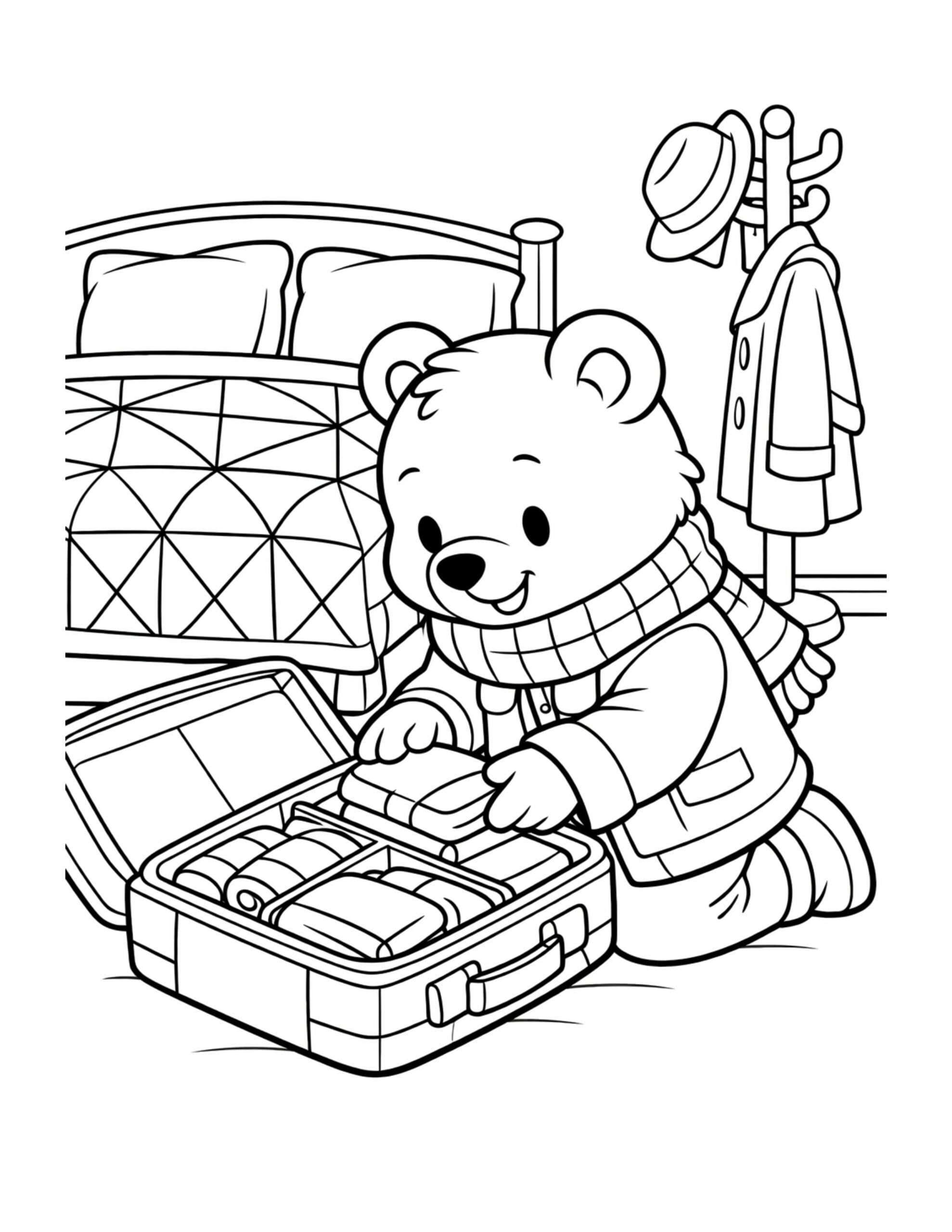 bear packing suitcase in bedroom coloring page with a cute bear preparing clothes