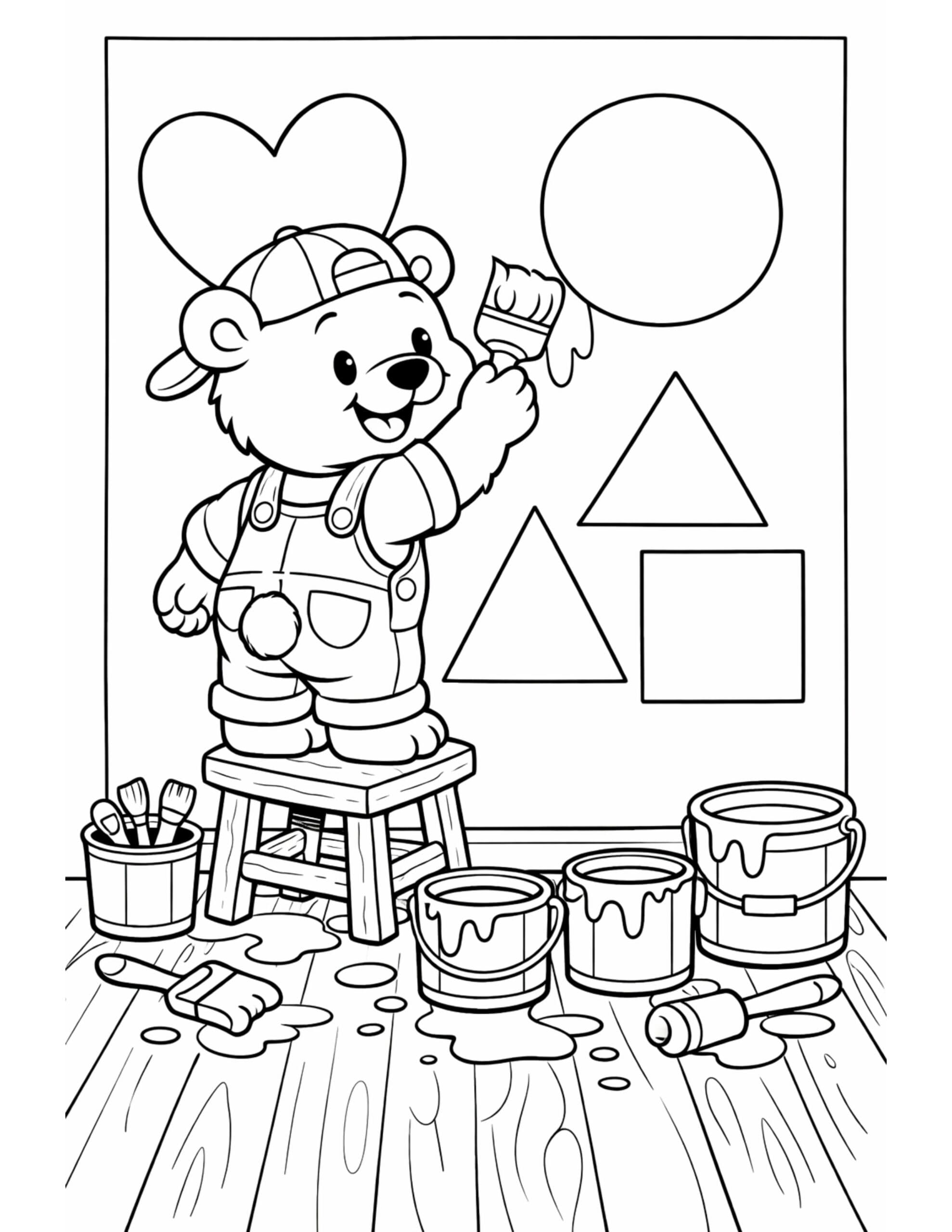 bear painting shapes on wall coloring page with a cute bear using paint and brushes