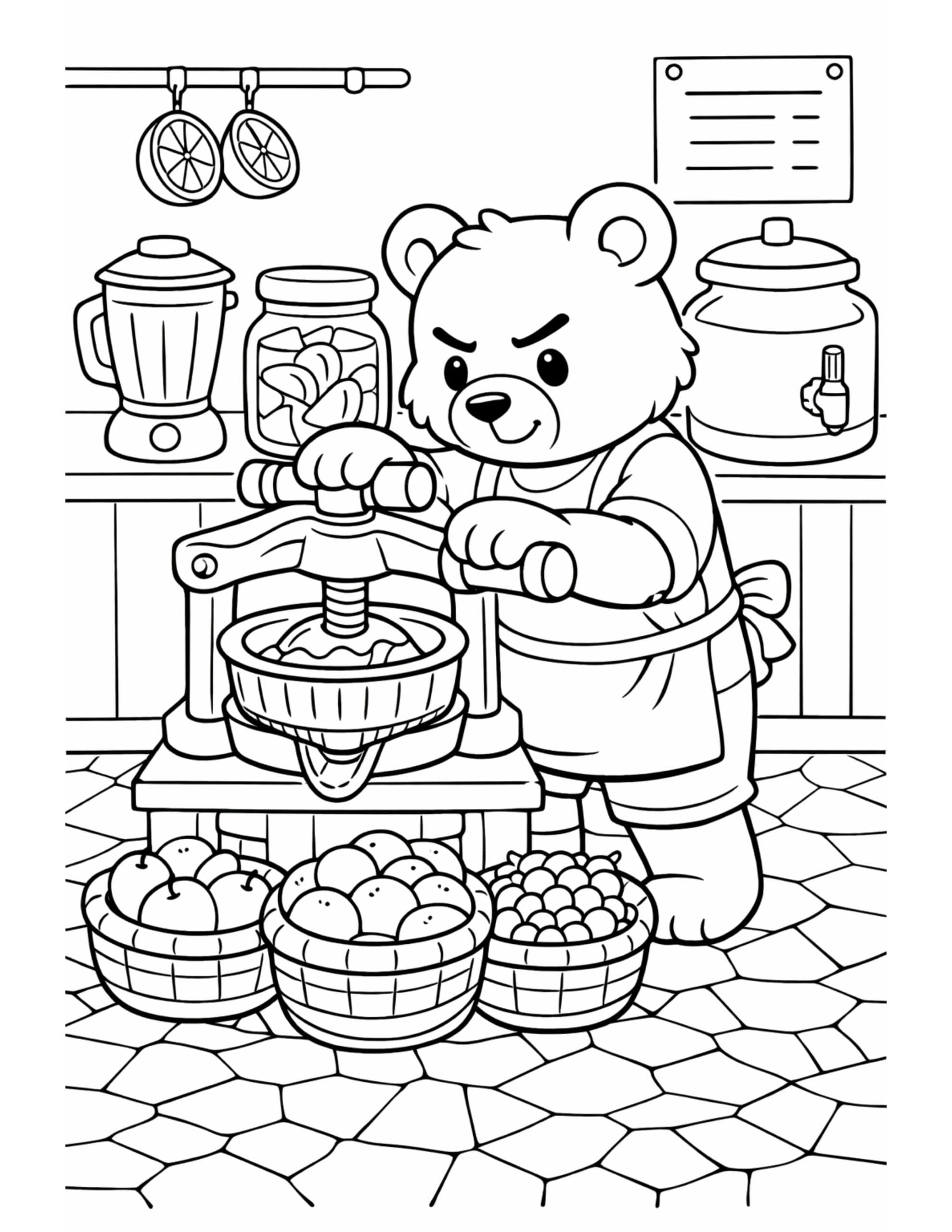 bear pressing fruit juicer coloring page with a bear using a manual press and baskets of fruit
