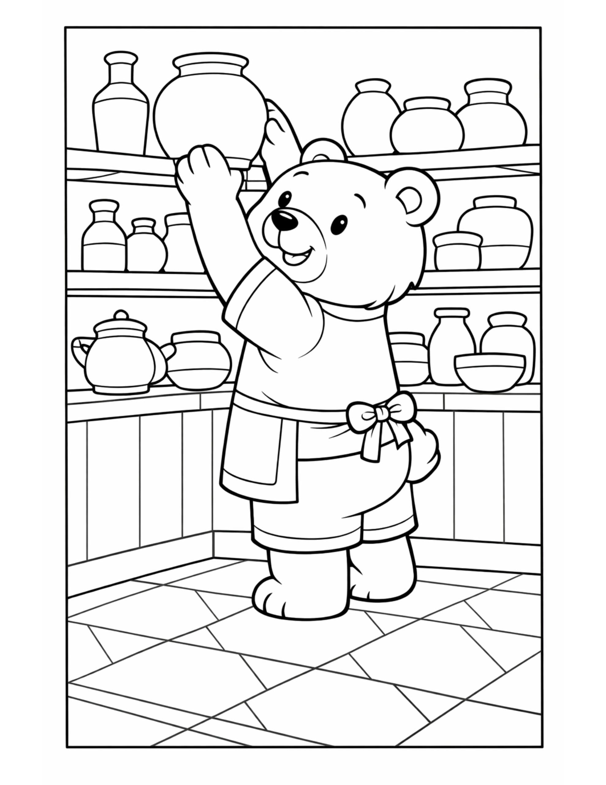 bear reaching for jar shelf coloring page showing a cute bear organizing pottery