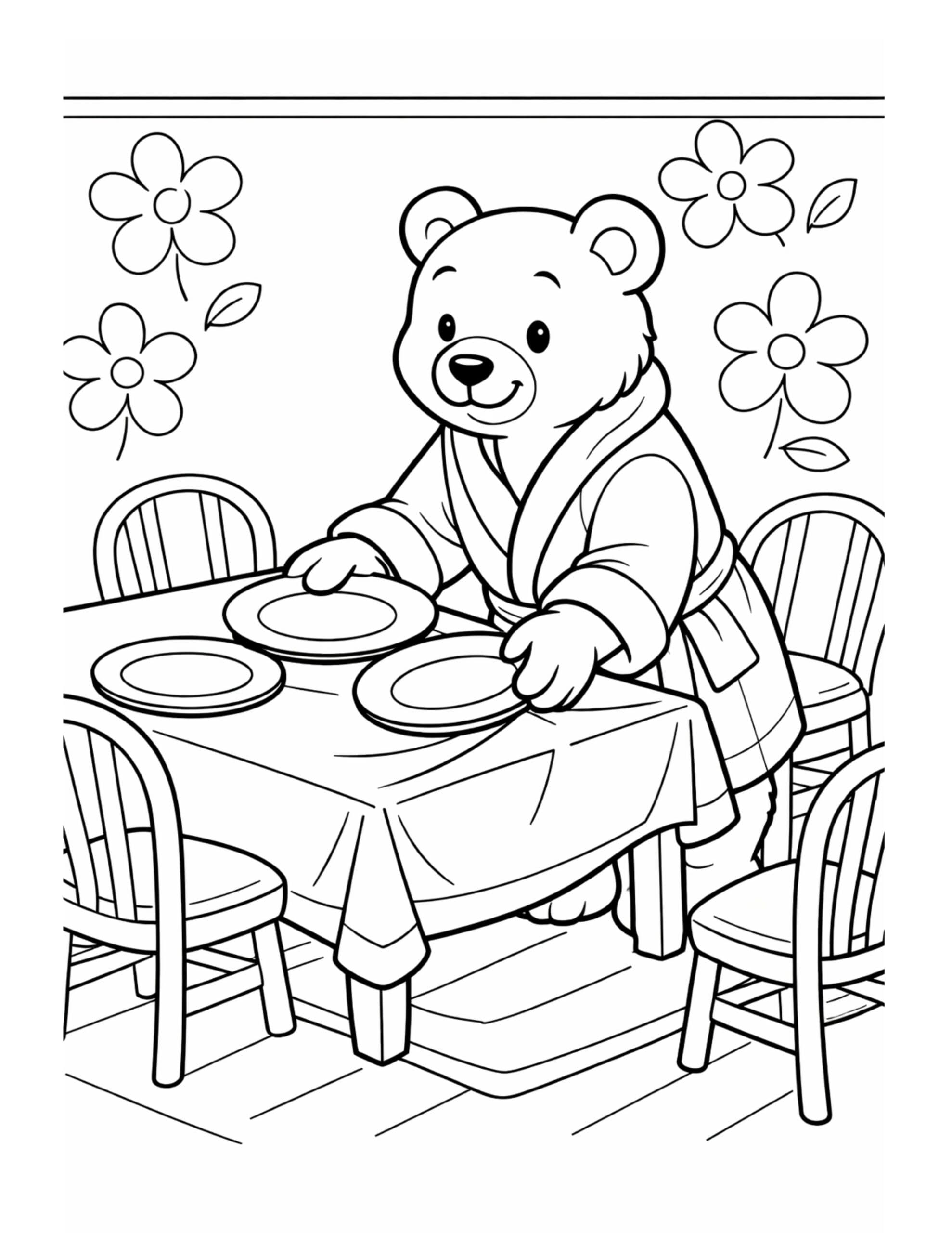 bear setting table for dinner coloring page showing a cute bear arranging plates at a table