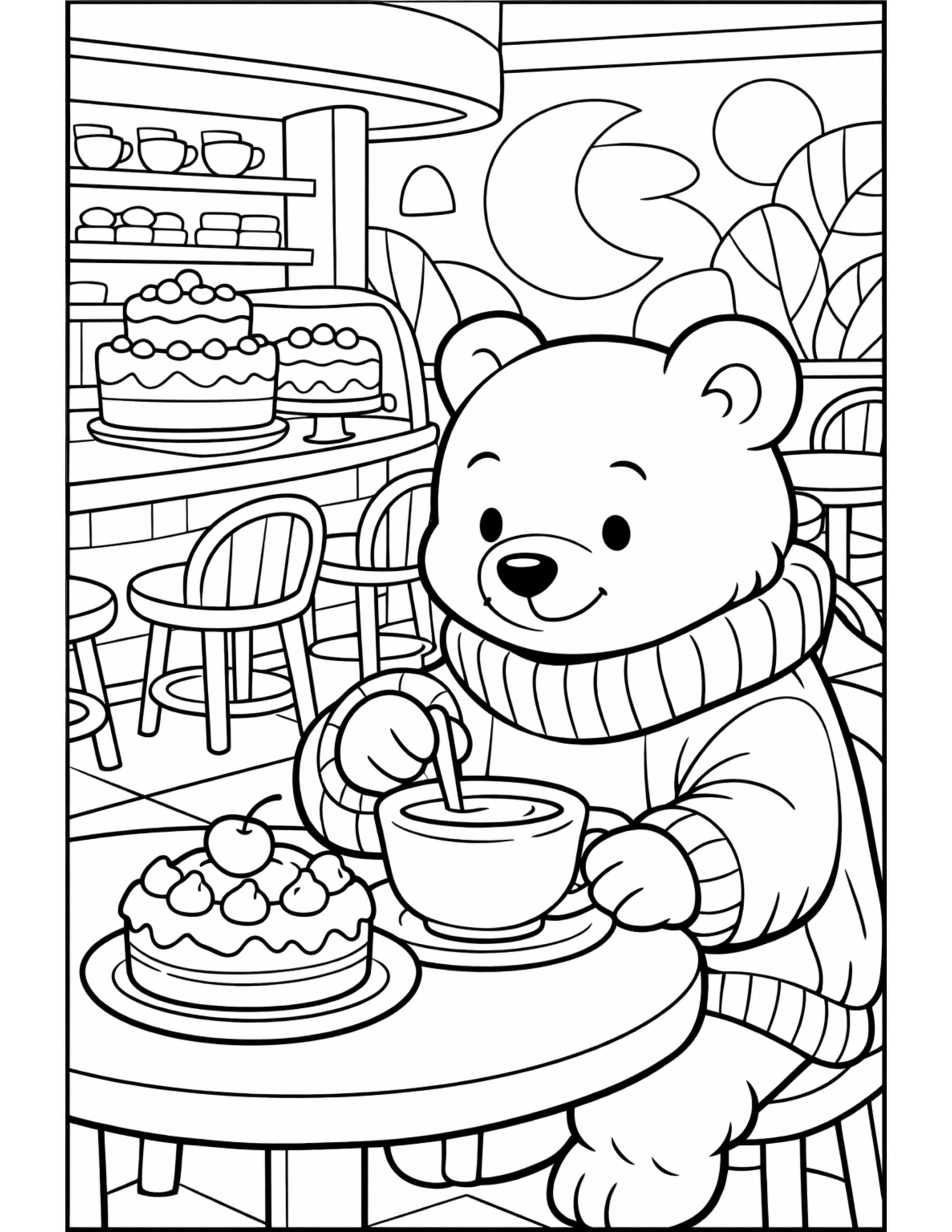bear stirring coffee at cafe coloring page with a bear at a table beside a small cake coloring page