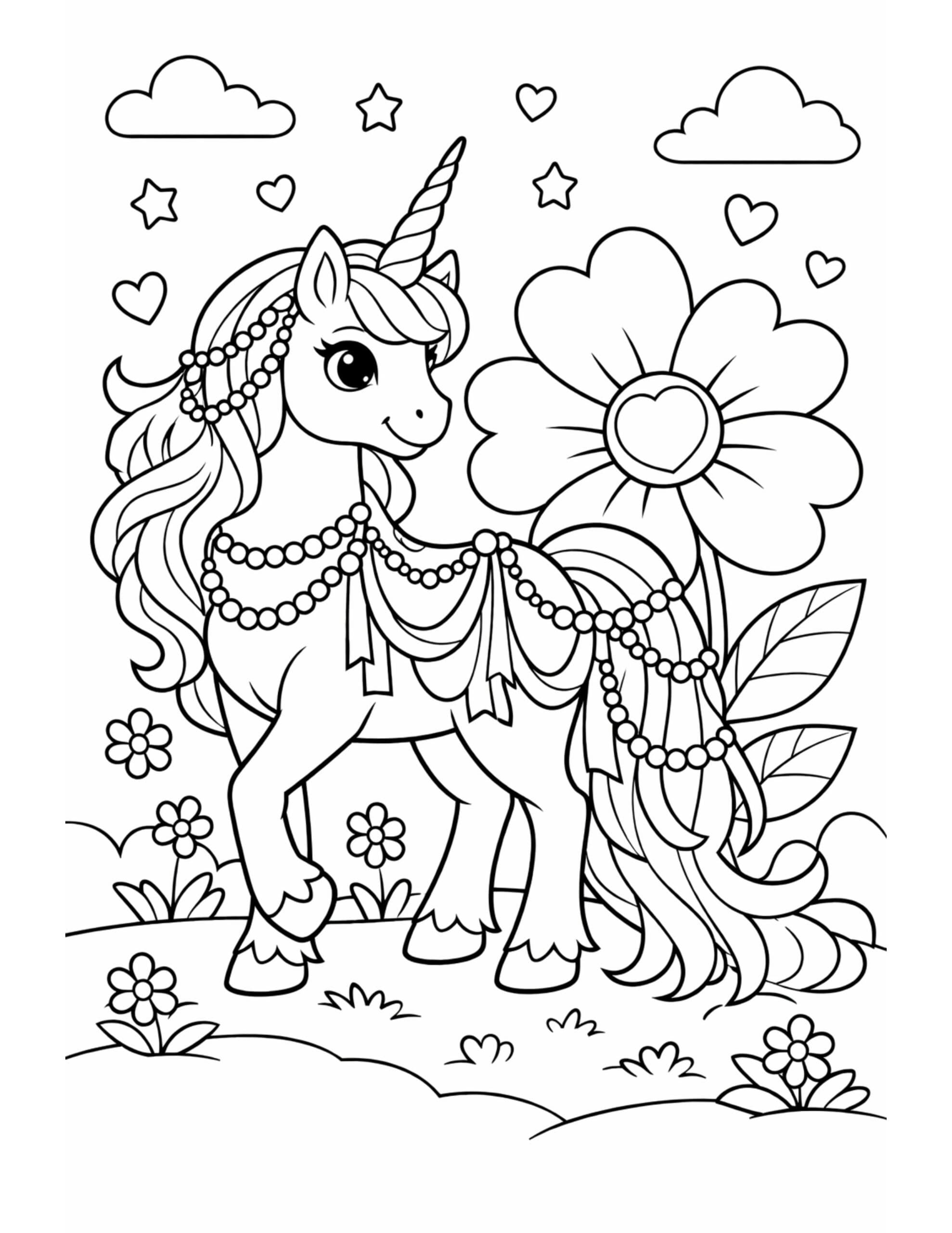 bejeweled unicorn with heart flower coloring page featuring a smiling unicorn with pearl garlands, hearts, and a big flower coloring page