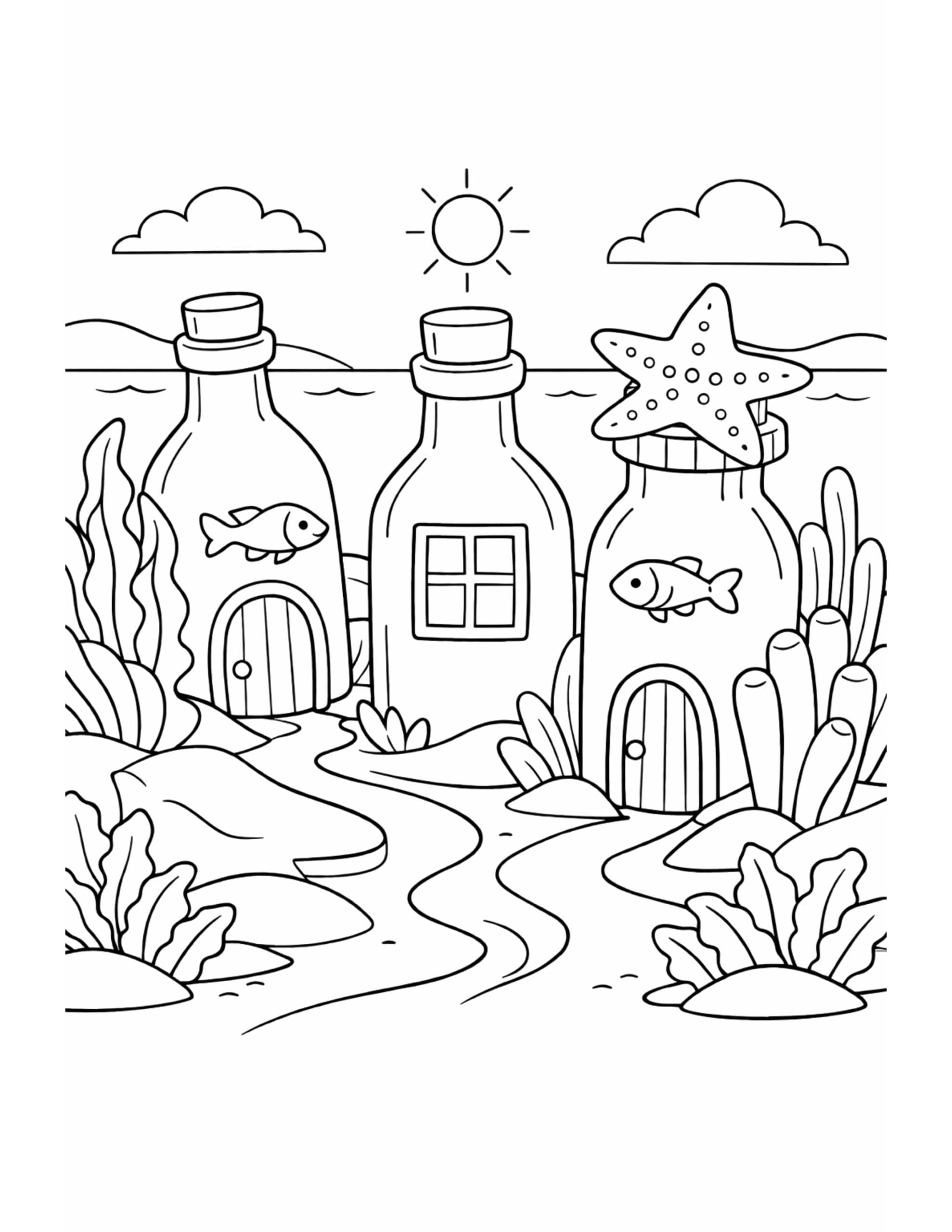 bottle houses undersea village coloring page with bottle homes, fish signs, starfish roof, sea plants, and a sandy path coloring page