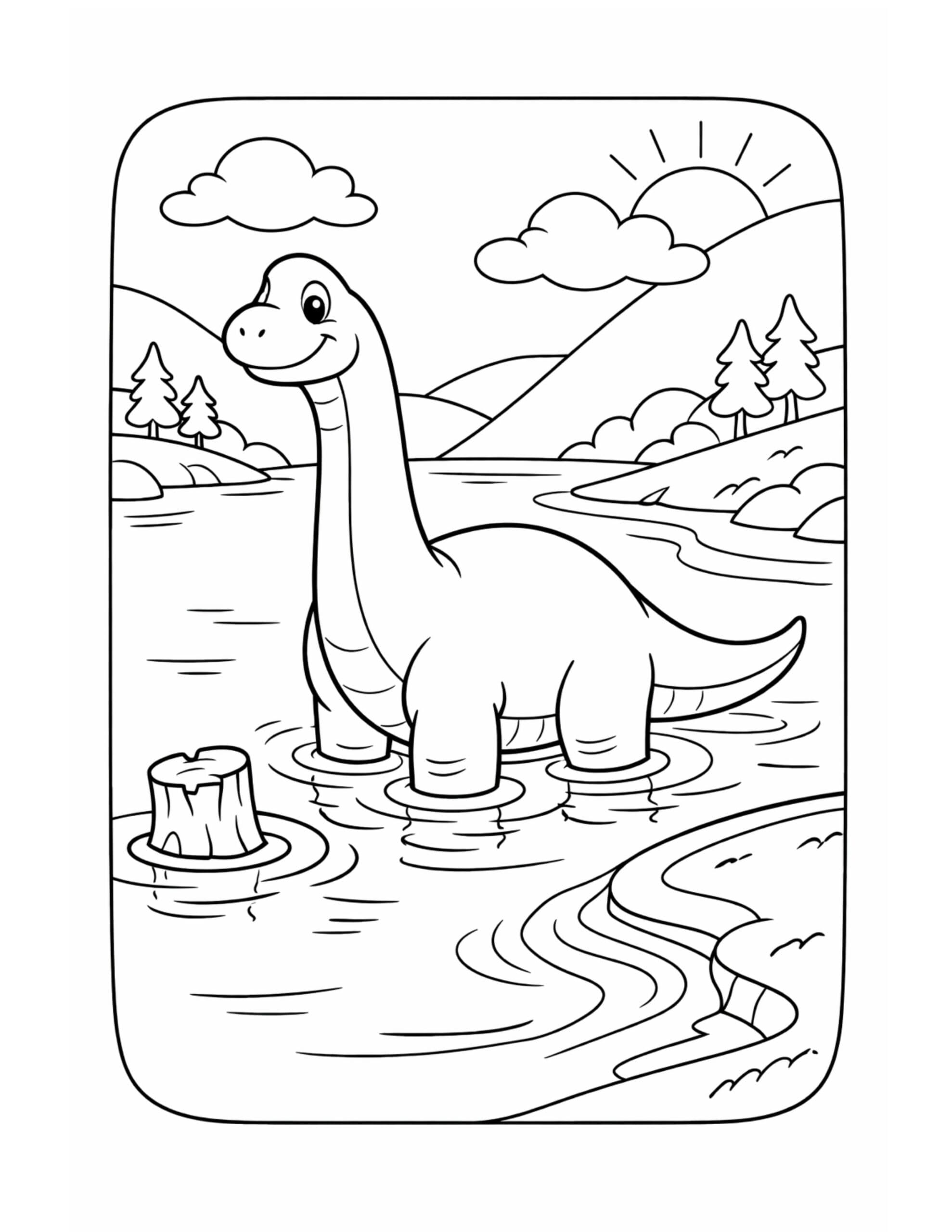 brachiosaurus standing in a lake coloring page with a smiling dinosaur in calm water and hills