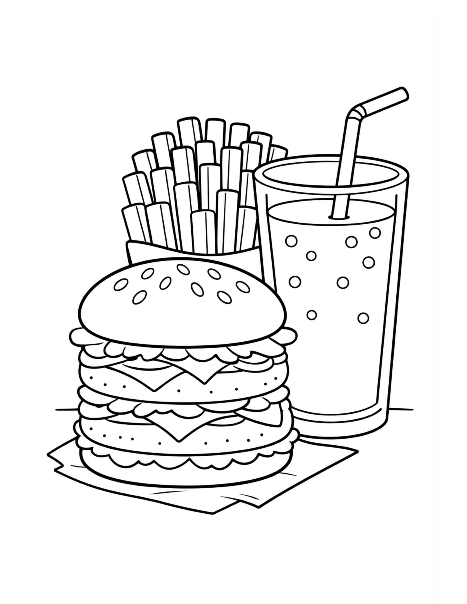 burger fries and soda combo coloring page with a double burger, fries carton, and bubbly drink coloring page